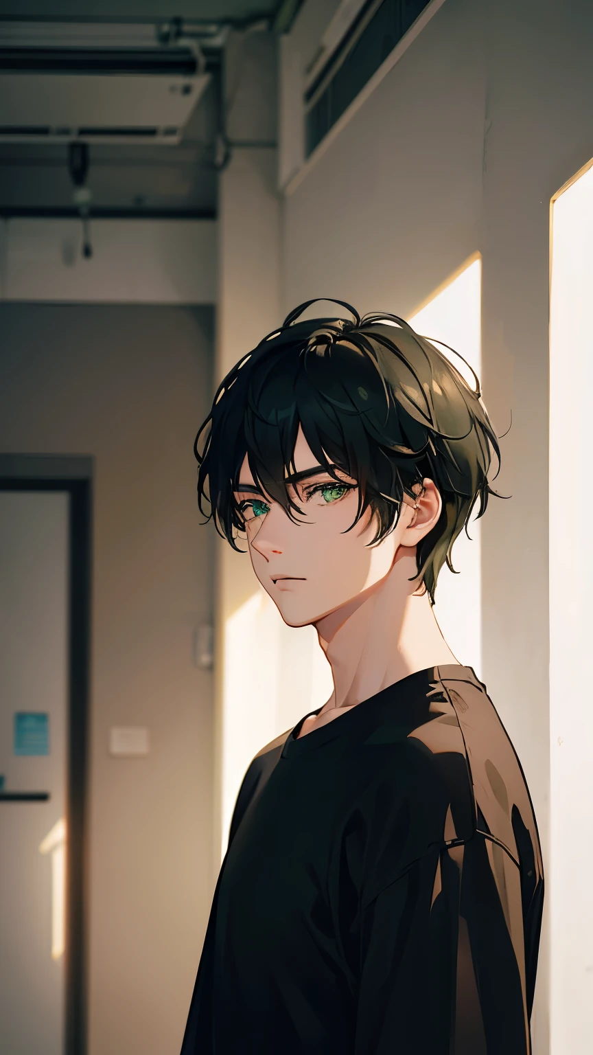 man, young man, men's hair is black, green eyes, black sweater, photo shoot, in class, realistic light and shadow, extremely detailed