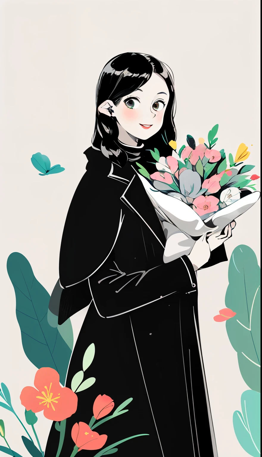 There is a girl，Long hair neat and tidy，Holding a Bouquet of Flowers in Her Hand, There are flowers，smiling sideways，Smile gentle and kind，Look ahead，Slightly big bright eyes，small red lips，Wearing a stylish loose coat，Wearing a turtleneck sweater，The tones are pastel。Solid background color