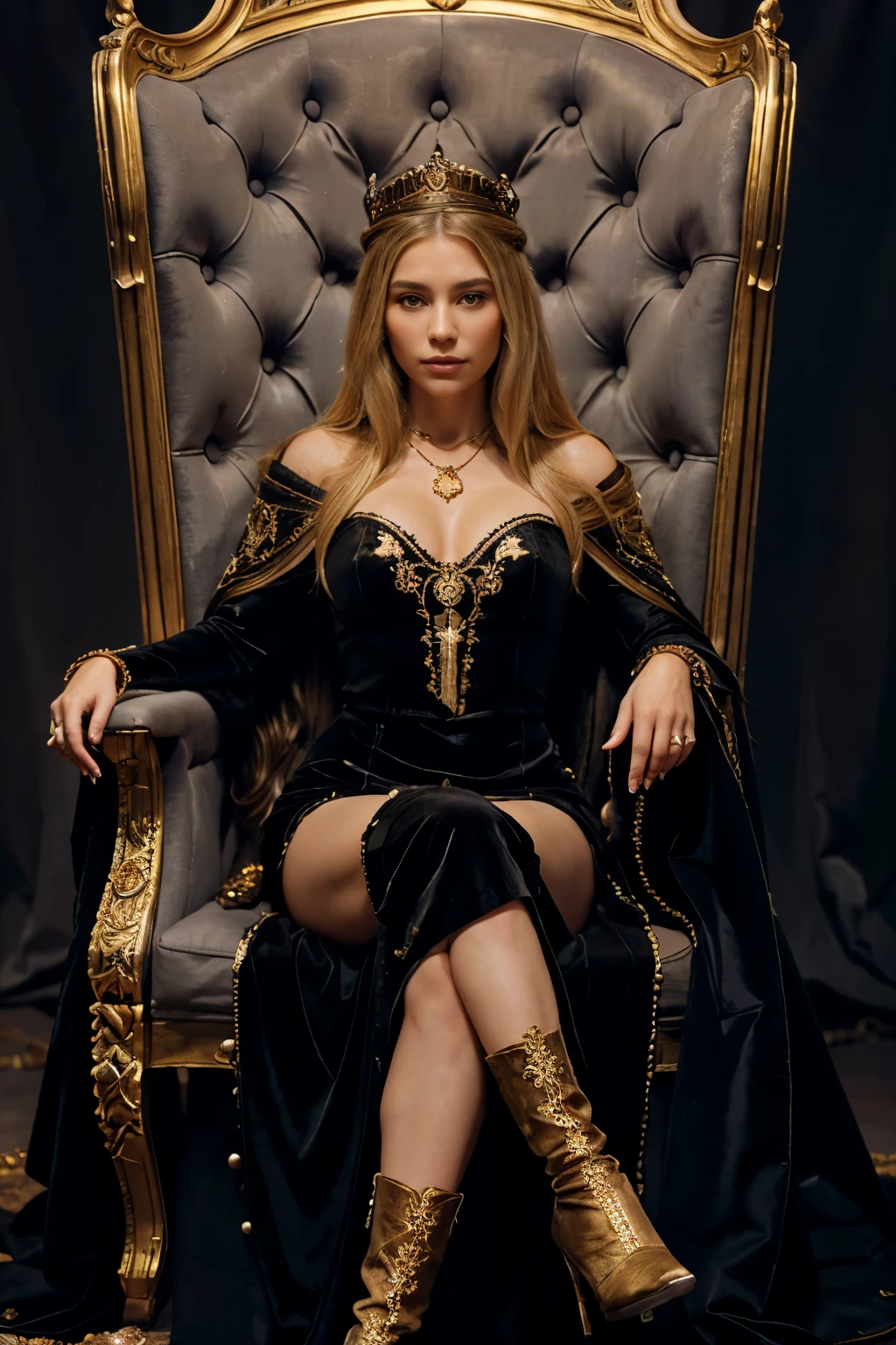 Portrait in the style of historical oil paintings: white woman, 40 years old, very long straight very blond hair, slim, full body visible from feet to head. lying on a medieval royal armchair, a long black suede skirt, elaborate and richly adorned long dress covering his knees with long sleeves and trains. The dress is made of luxurious materials like velvet, embroidered with gold threads, and embellished with pearls and precious stones. The color is a deep royal gold. She wears a long fur-lined cape with elaborate motifs. Royal crown. Golden gloves. Adorned with high-heeled lace-up boots, a necklace with precious stones. Armchair is iron with gold leaf details, set against a dark, dark and complex background. Soft frontal lighting, no reflections, focus on extreme detail (skin pores, fabric texture, throne intricacies). Aim for realism, 8K resolution detail.