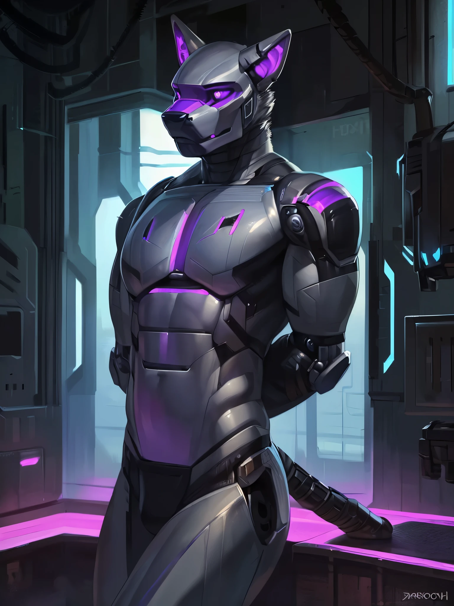 By taran fiddler, by pixelsketcher, by darkgem, by honovy, by foxovh, solo, male, lean, athletic, (canine), wolf, ((robotic, military cyborg, plastic body, synthetic face, grey body)), purple glow, detailed purple eyes, (hands behind back), sci-fi factory