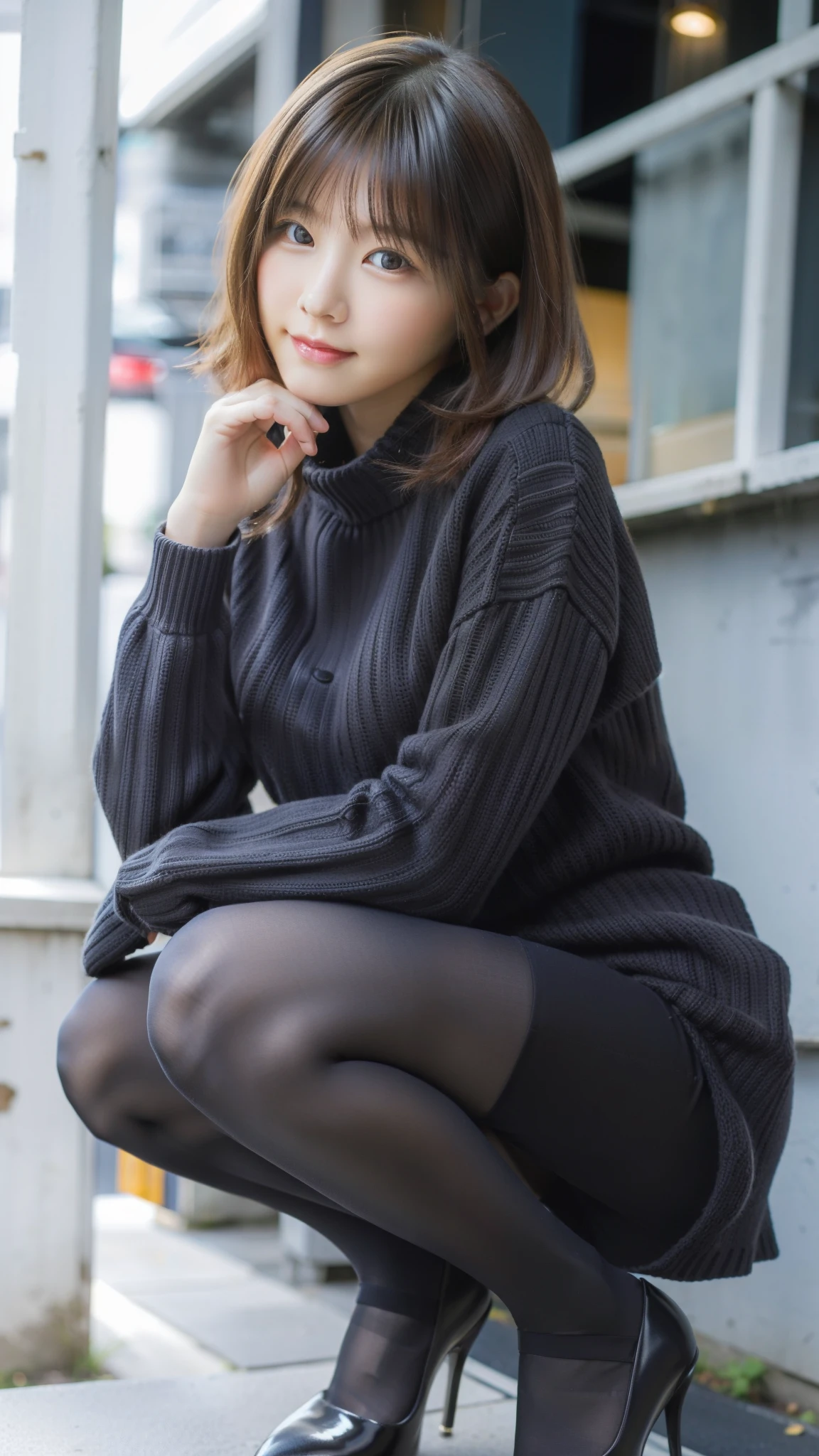 Photos taken by a professional photographer,Close-up of a woman squatting on the sidewalk with her legs crossed, Kiko Mizuhara, Wear a sweater, Shirahime cuts her brown hair, Wear a sweater, Young and pretty girl, Japanese Model, 白いWear a sweater, Chiho, ランダムカラーのカジュアルなWear a sweater,Cute eyed waves for short hair, a Cute young woman, Cute young woman, Black Pantyhose,black tights,Black high heels,