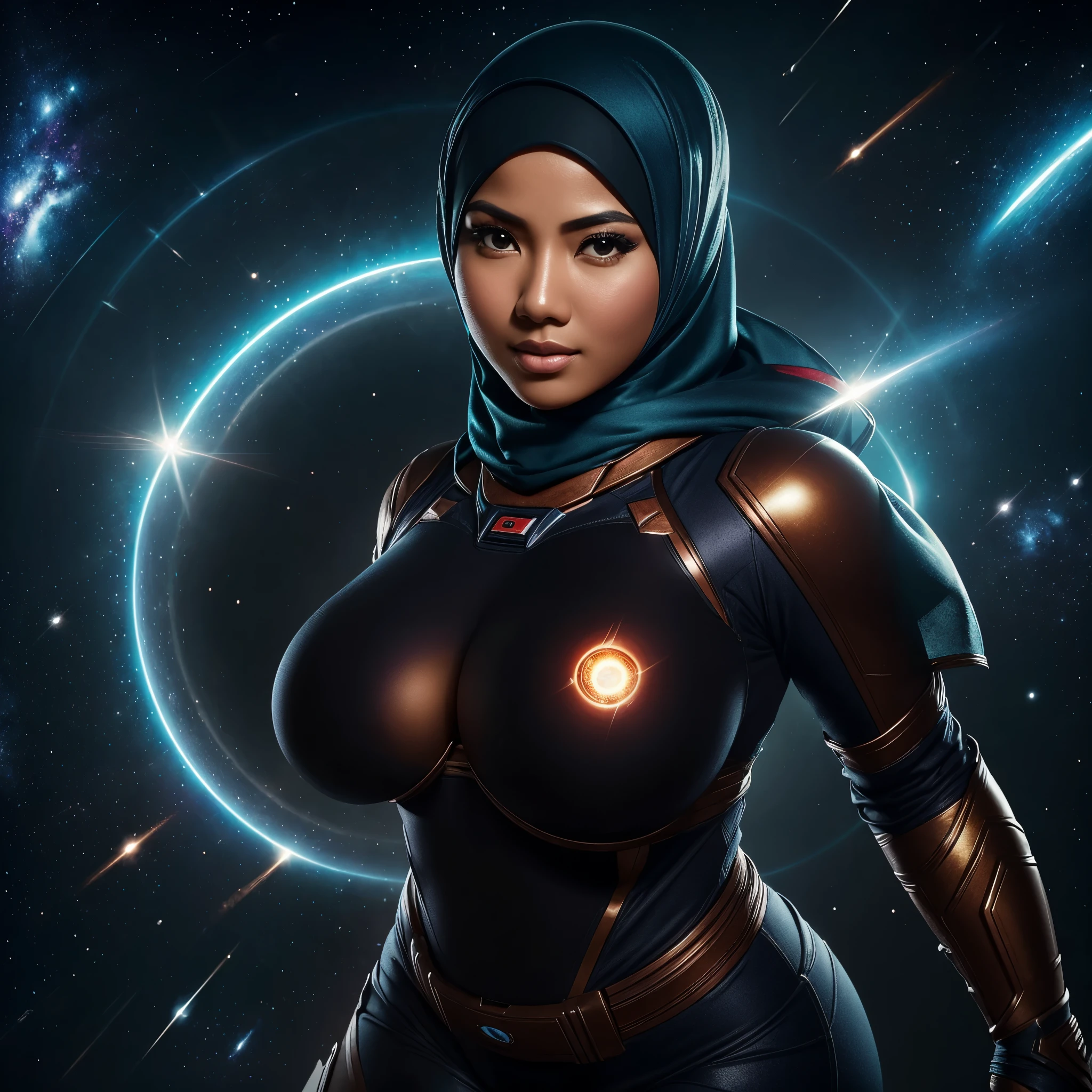 best quality,ultra-detailed,busty Malaysian woman:1.1,energetic,athletic,hijab,huge breasts,small field scientists outfit,investigates a forgotten gateway of time and space,portrait,sharp focus,vivid colors,warm color tone,lens flare,studio lighting