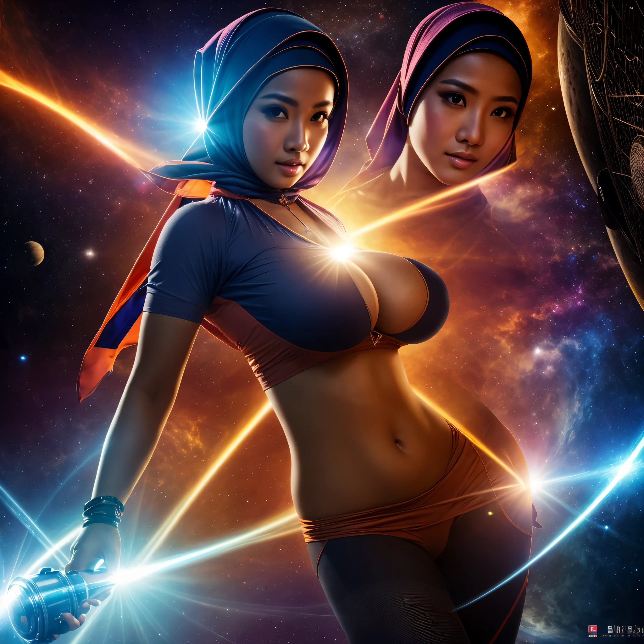best quality,ultra-detailed,busty Malaysian woman:1.1,energetic,athletic,hijab,huge breasts,small field scientists outfit,investigates a forgotten gateway of time and space,portrait,sharp focus,vivid colors,warm color tone,lens flare,studio lighting