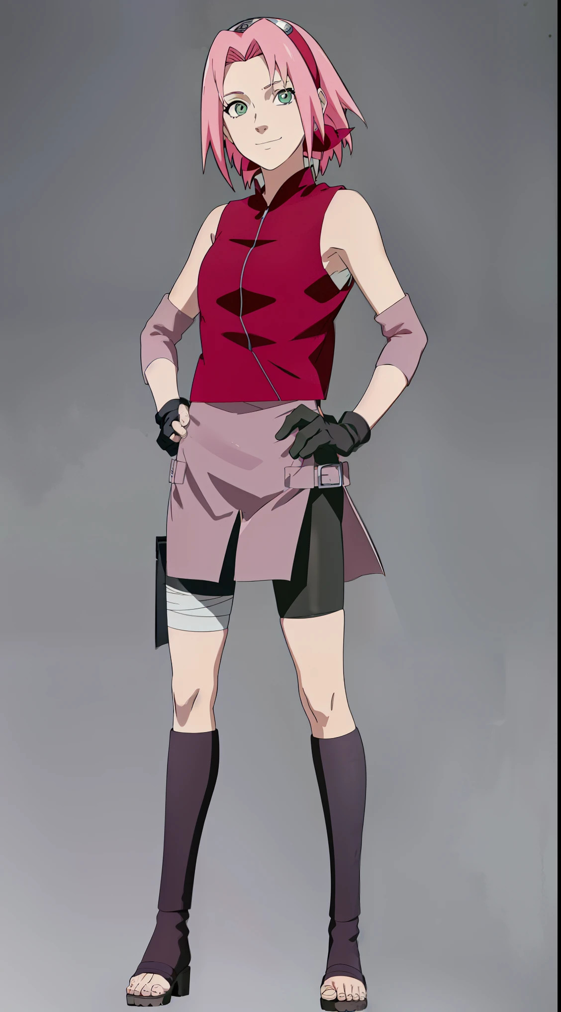 masterpiece, best quality, 1girl,haruno sakura, pink hair, short hair, green eyes, bike shorts, black gloves, hairband, sleeveless, toeless footwear, bandages, hands on hips, full body, looking at viewer, standing, smile, solo, (simple background , solid grey background)