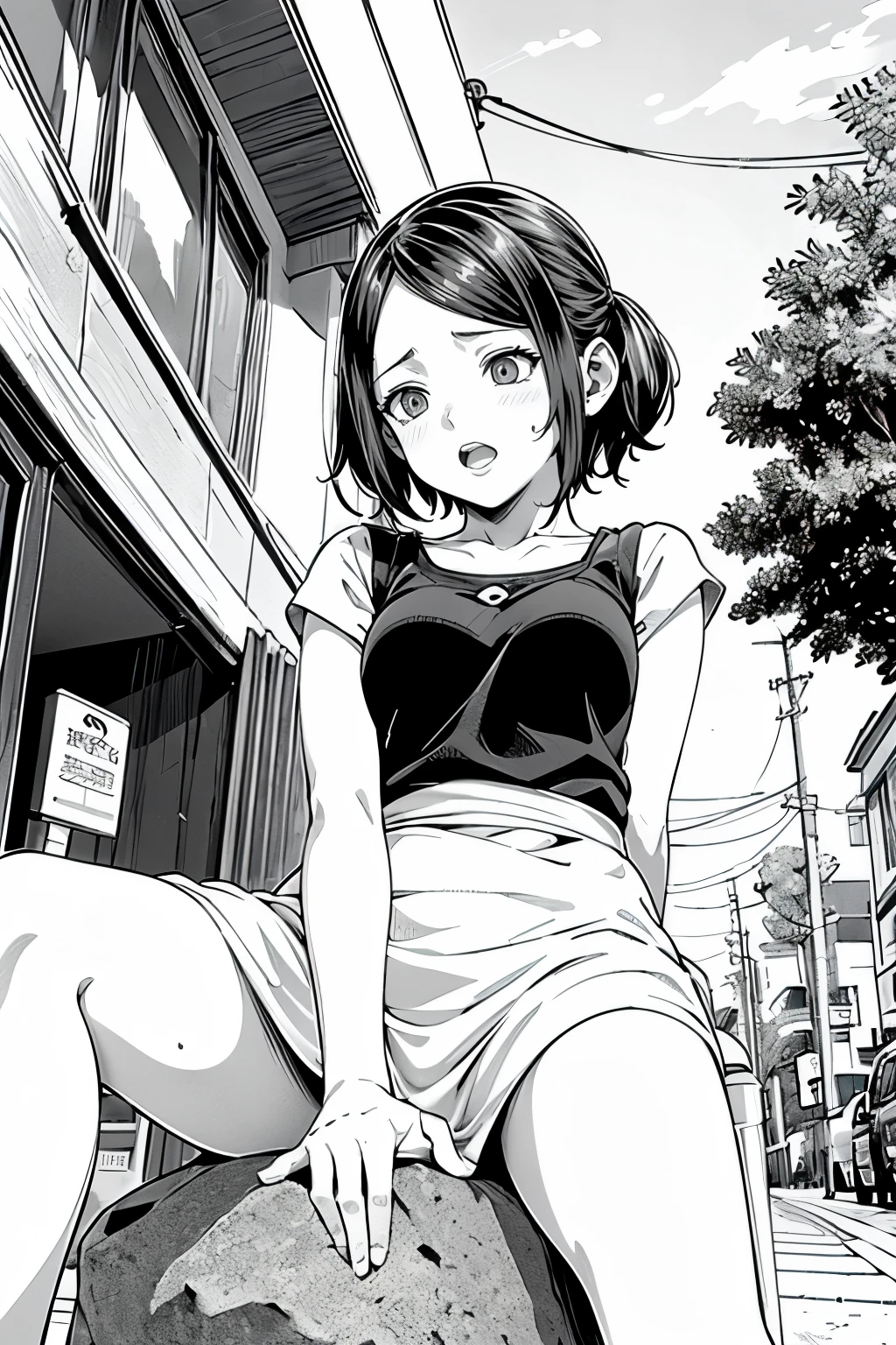 (depicting a single moment from a manga for adults), (hand-drawn), ((simple line art)), ((manga-style line art background)), (a housewife, skirt, drooping eyes, realistic skin, pubic hair), (focus on her pubic hair, ecstasy, shame, ((masturbation, spread her legs, touching her crotch with her hand)), on the street, buildings, big sky, 