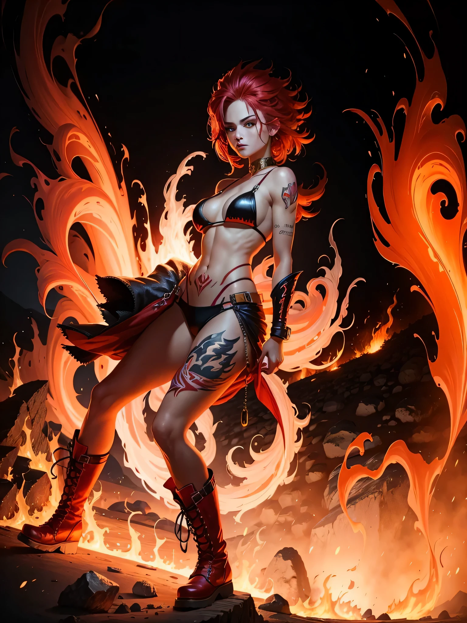 night，volcanoes，raging fire，Phoenix，flaming hair，golden eyes，red bikini，tattoo，boots，