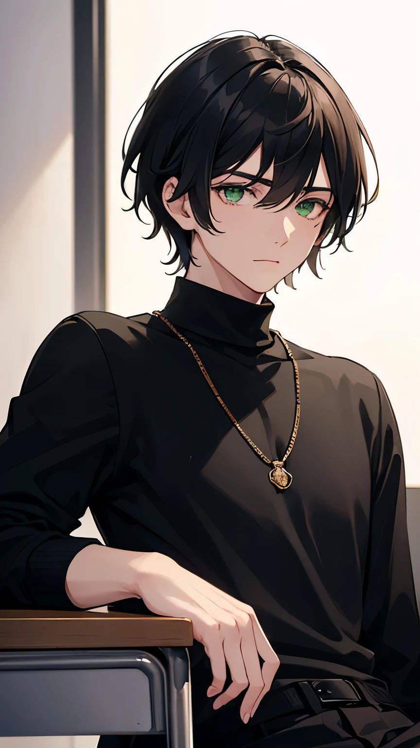 man, young man, men's hair is black, green eyes, black sweater, photo shoot, in class, realistic light and shadow, extremely detailed