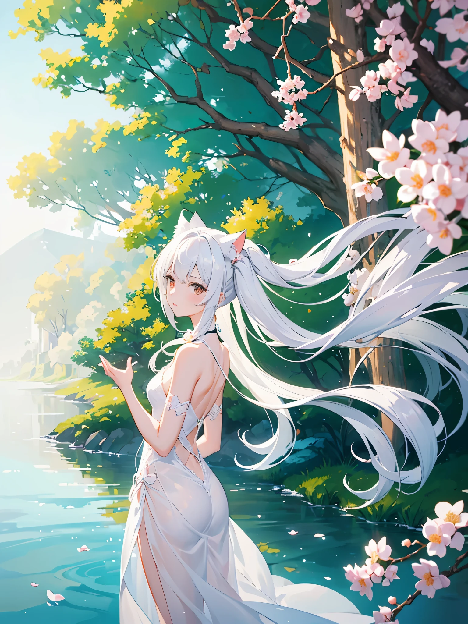 A girl with white cat ears，Mythical texture。 Wearing a transparent dress in white silk（White in red，Key points reflected）Expression setting joy，infatuation 。Action settings：in a standing posture，Turn around and look back at the camera（dream） Official image quality。Background settings：Under the peach blossom tree