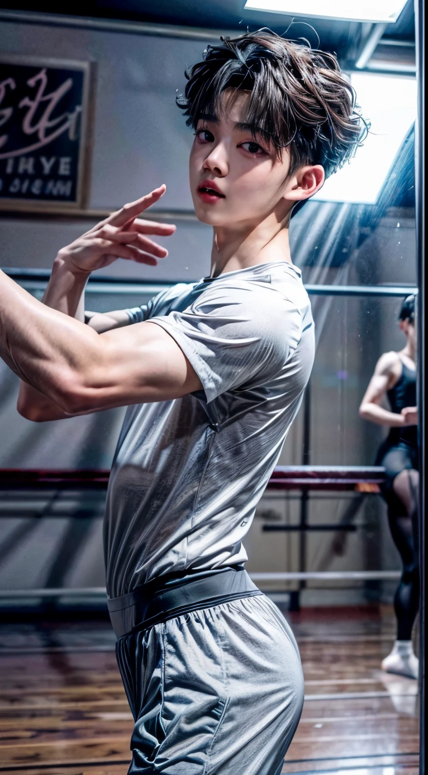 ((((Son Dongpyo face and hair)))),  ((in dance practice room)),  ((practicing male ballet with long bulge)),  ((wearing body pressed white and gray tight ballet shirt)),  ((from the back shot)),  ((Dongpyo sexy face)),  Dongpyo hair,  perfect eyes,  realistic human ???????,  realistic skin,  photorealistic,  cinematic lighting,  hyper realistic,  elegant,  ultra detailed,  sharp lines,  uplight