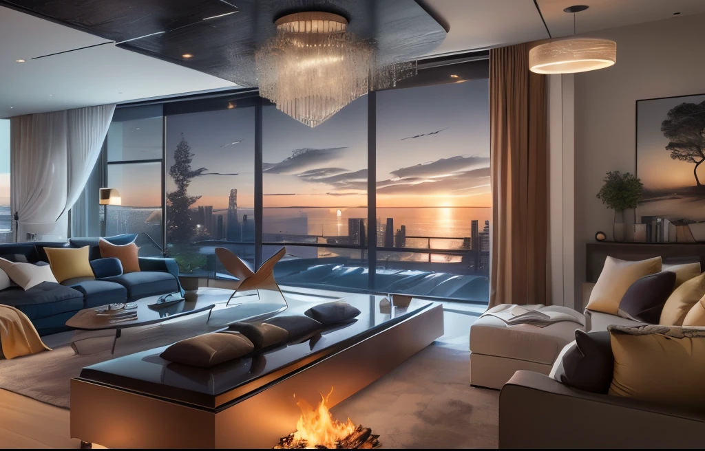 arafie design - modern living room with fireplace and large windows, penthouse, luxury condo interior, city views, luxurious indoor setting, floor - to - ceiling windows, inside a modern apartment, true realistic image, very elegant & Complex, an award winning digital render, ultra modern, fire place roaring, stunning render, views to the ocean, modern living room, dramatic rendering