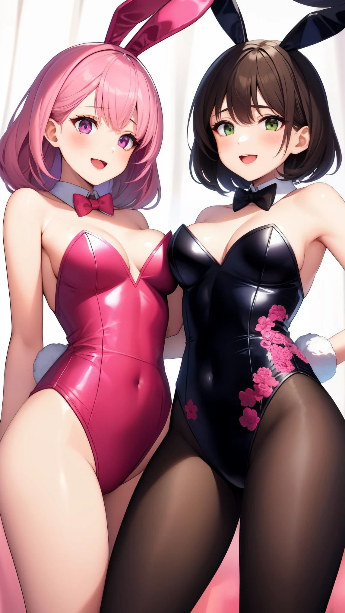 Two girls, sexy bunny outfit, pink and black, happy, embroidered, High quality, medium breast, beautiful face, perfect , thighs