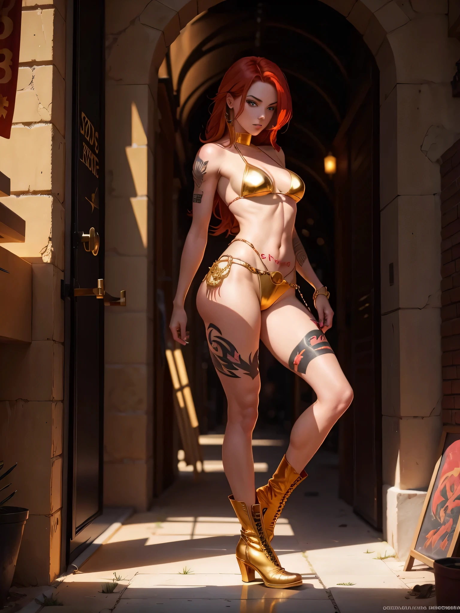 Red hair，golden eyes，gold bikini，tattoo，boots，Phoenix