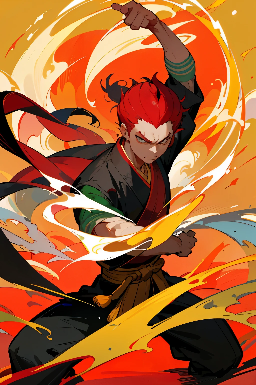 One powerful Kung Fu master in the center of a vibrant and harmonious colors poster. Rich hues of red, gold, and green surround the master, conveying strength and wisdom. The master's focused expression and strong posture radiate energy and determination. A serene background completes the image, creating a masterpiece that captures the essence of Chinese martial arts.