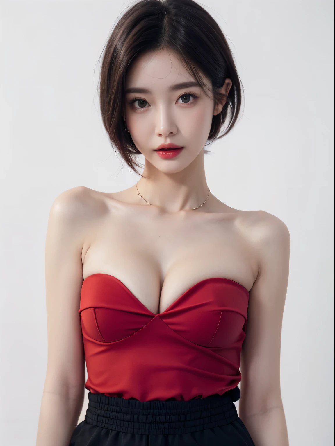 A slender woman, red glossy lips,(beautiful face), (best quality), (Super detailed), (Extremely detailed CG unified 8k wallpaper),(Bandeau dress), (standing), (pure white background),(cleavage),(big eyes),(average light source),(small breasts),Model pose,Small man's waist,(black hair),(short hair),一点cleavage,(shorts),Pink nipples