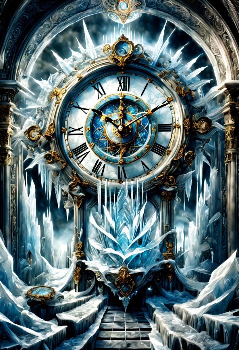 Magical dream, detailed ice crystal, majestic architectural clock, surreal door through time and space, intricate basket of lights, gods, light and shadow, detailed and intricate, 8k, Ultra high detail, masterpiece master art work