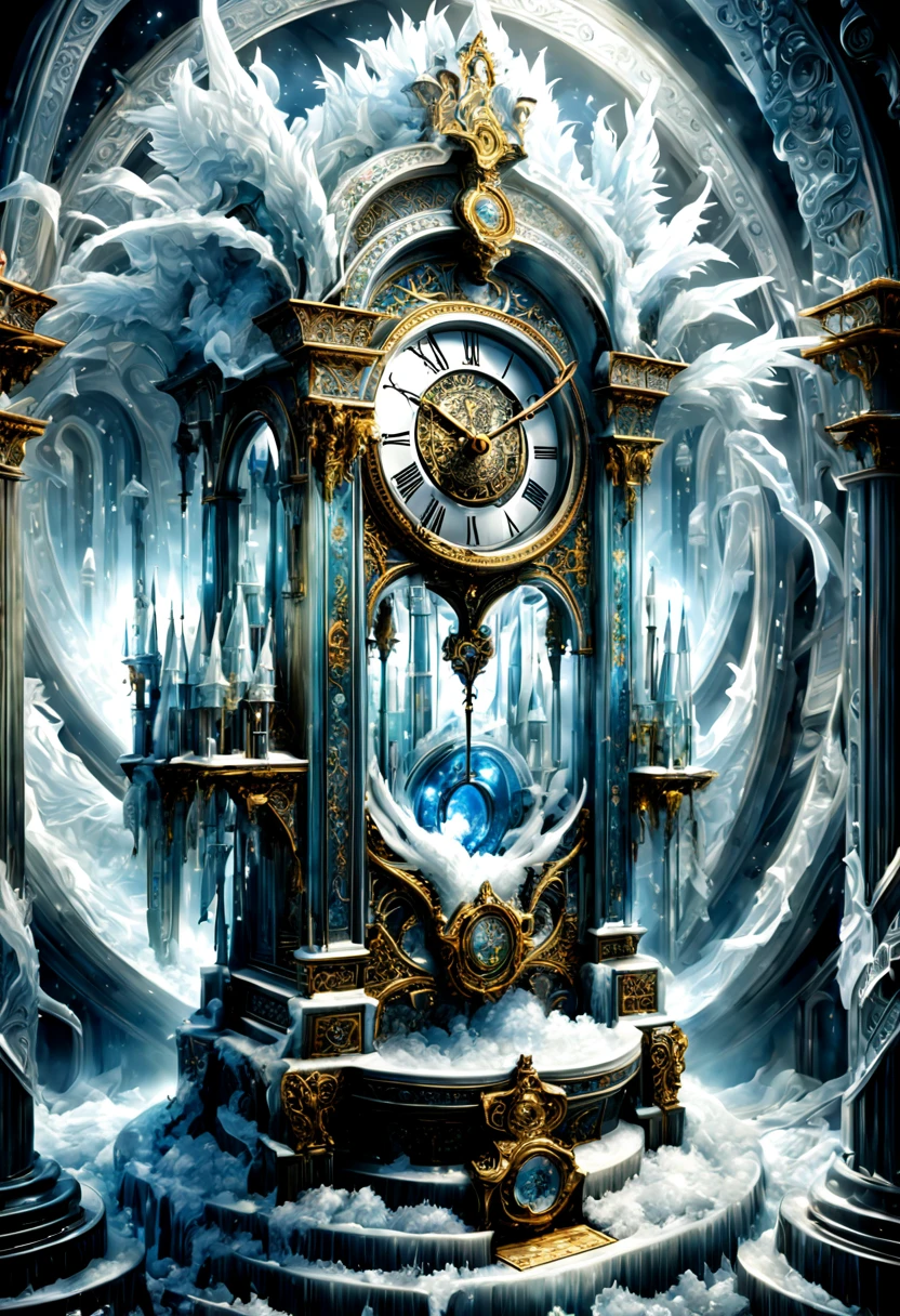 Magical dream, detailed ice crystal, majestic architectural clock, surreal door through time and space, intricate basket of lights, gods, light and shadow, detailed and intricate, 8k, Ultra high detail, masterpiece master art work