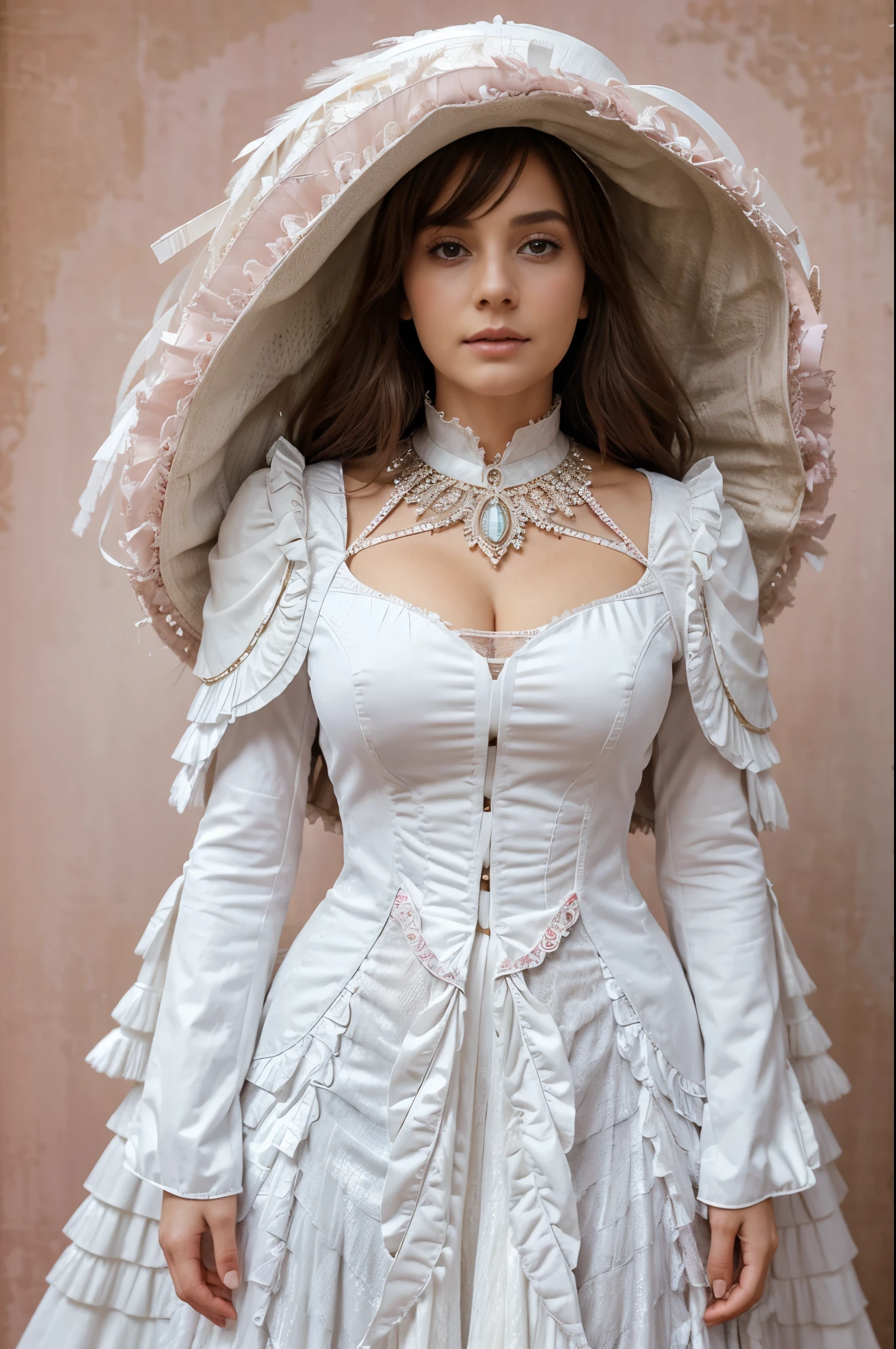 Beautiful woman wearing white colored dress on pink background, style made of feathers, futuristic victorian era, collage style layering, focus stacking, layered form, textured fabric, oversized object, in heaven, time magazine photography, full body view