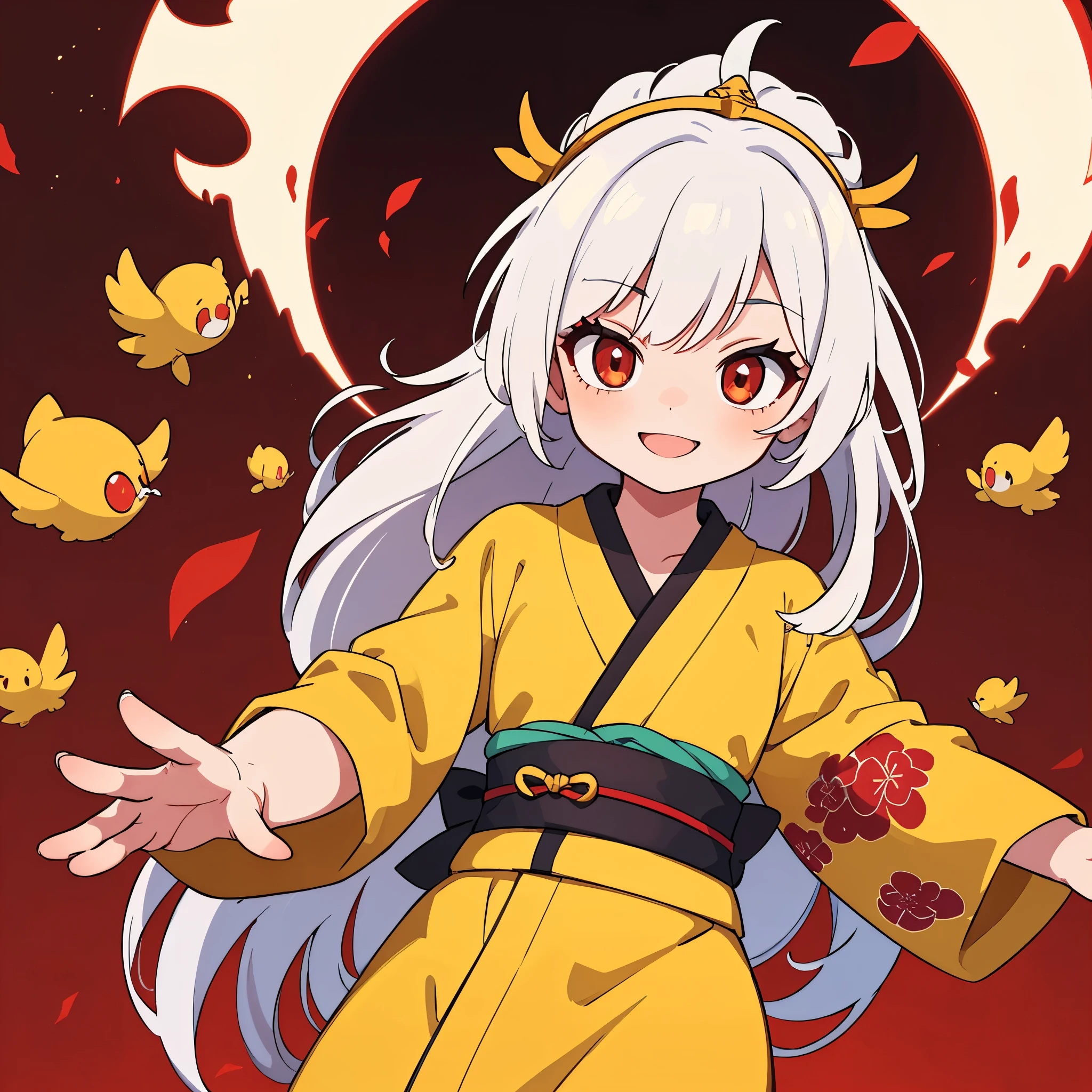 1girl, only one girl, one girl only, wearing a Yellow kimono, red crimson eyes, white hair, 8 years old, smile, half-body shot