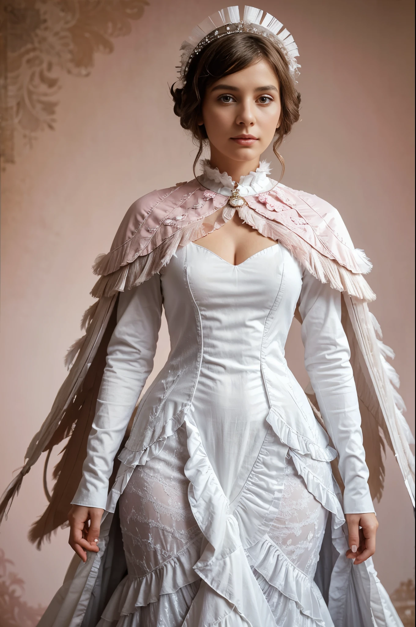 Beautiful woman wearing white colored dress on pink background, style made of feathers, futuristic victorian era, collage style layering, focus stacking, layered form, textured fabric, oversized object, in heaven, time magazine photography, full body view