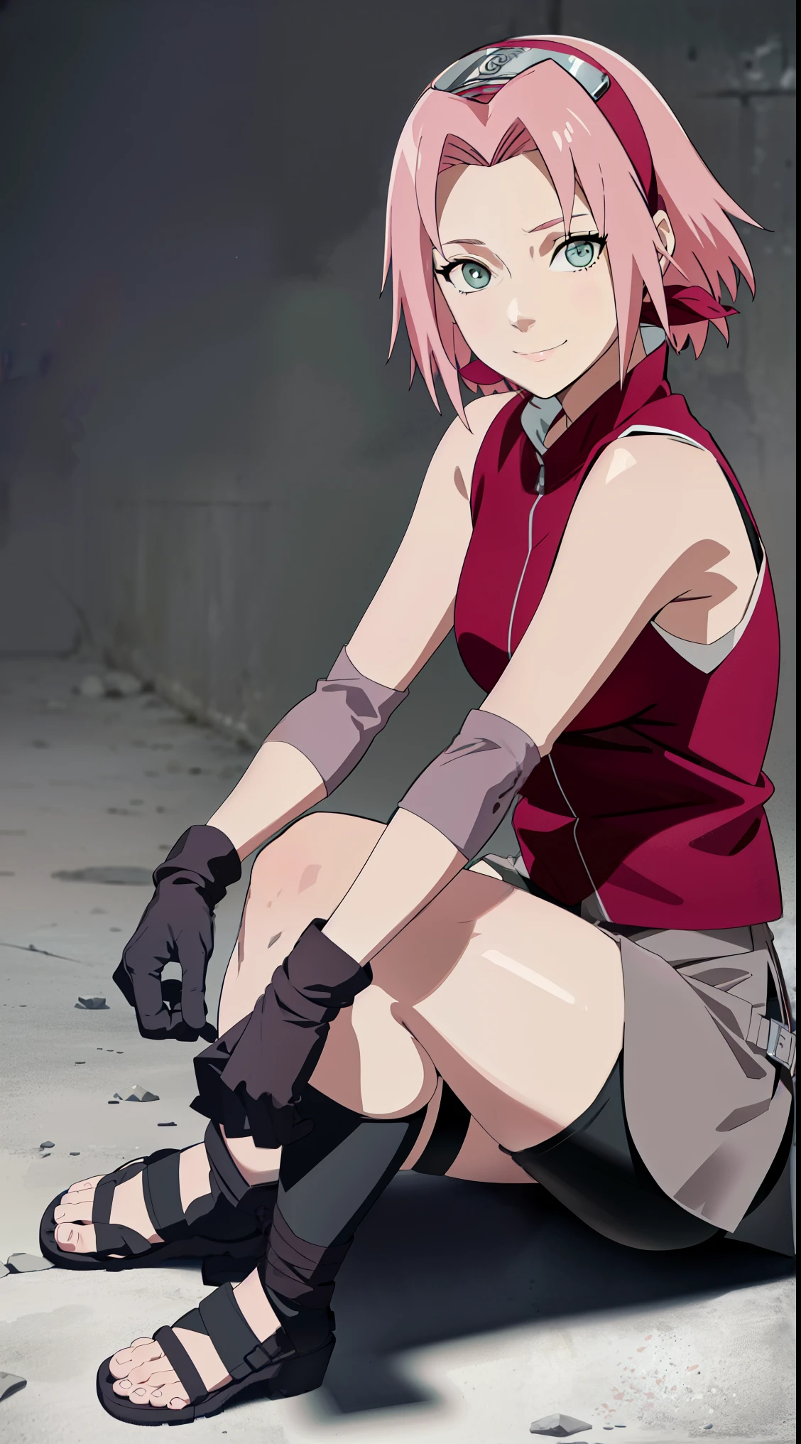 masterpiece, best quality, 1girl,haruno sakura, pink hair, short hair, green eyes, bike shorts, black gloves, hairband, sleeveless, toeless footwear, bandages, hands on laps, full body, looking at viewer, sitting , soft thighs, smile, solo, (simple background , solid grey background)