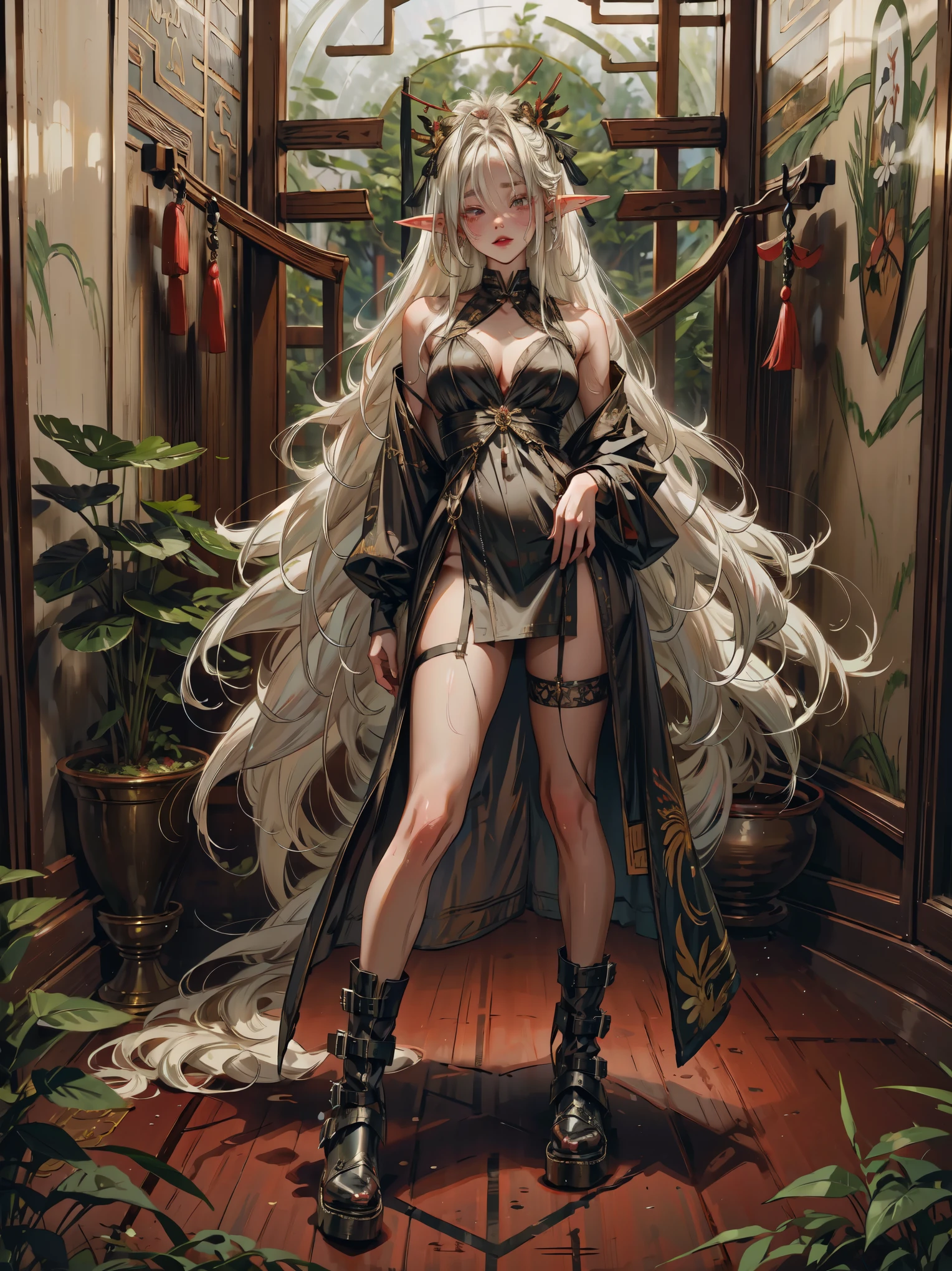 elf girl,full body ,long hair,white hair, chinese ornaments,lewd big , oily skin, sexy ,long hair, short dress, black boots, very big , lewd sexy pose,
