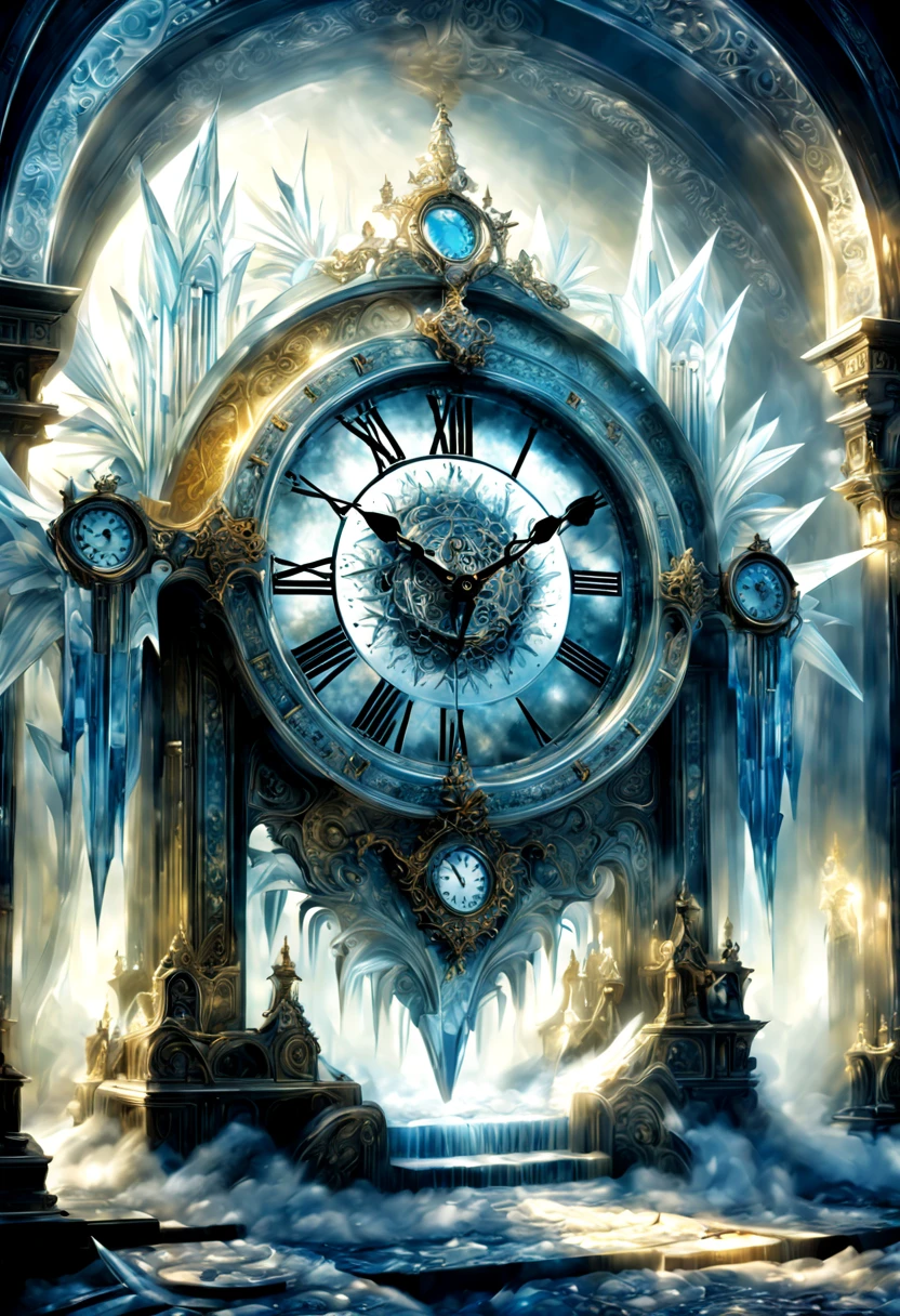 Magical dream, detailed ice crystal, magnificent architectural clock, surreal door through time and space, intricate and hazy basket light, divine light and shadow, detailed and intricate, 8k, Ultra high detail, masterpiece master art work