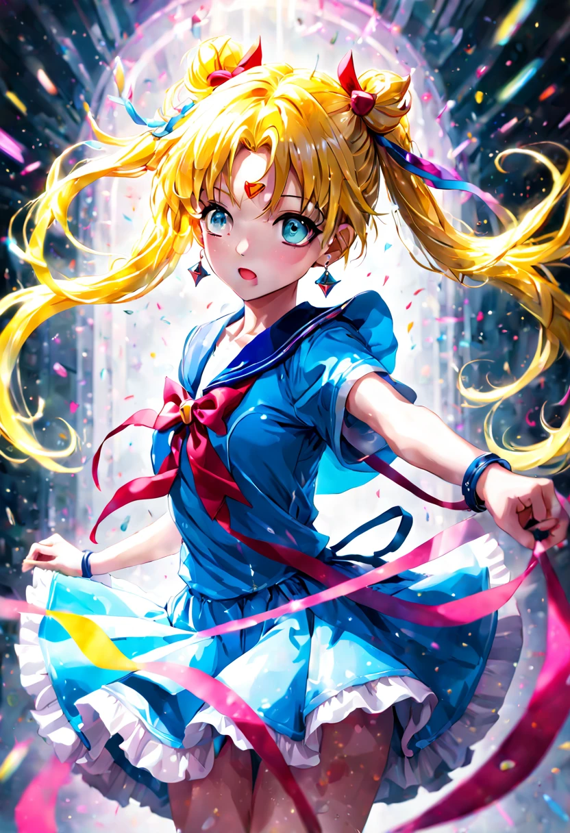 1girl, 📷 Capture the essence of a Magical Girl (Mahou Shoujo), medium: hyper-realistic photography, style: capturing the vibrant energy similar to that of Sailor Moon, lighting: high-key with a focus on bright, clean light to enhance her youthful energy, colors: a spectrum of rainbow hues with a dominance of sailor blue, composition: shot with a Sony Alpha 1, FE 135mm f/1.8 GM lens, resolution 50.1 megapixels, ISO 200, f/2.2 aperture, shutter speed 1/320 second. Position the Magical Girl in an action pose, mid-twirl, her ribbon-like accessories flowing dynamically around her, (masterpiece), (best quality), (ultra-detailed), illustration, disheveled hair, perfect composition, moist skin, intricate details, earrings