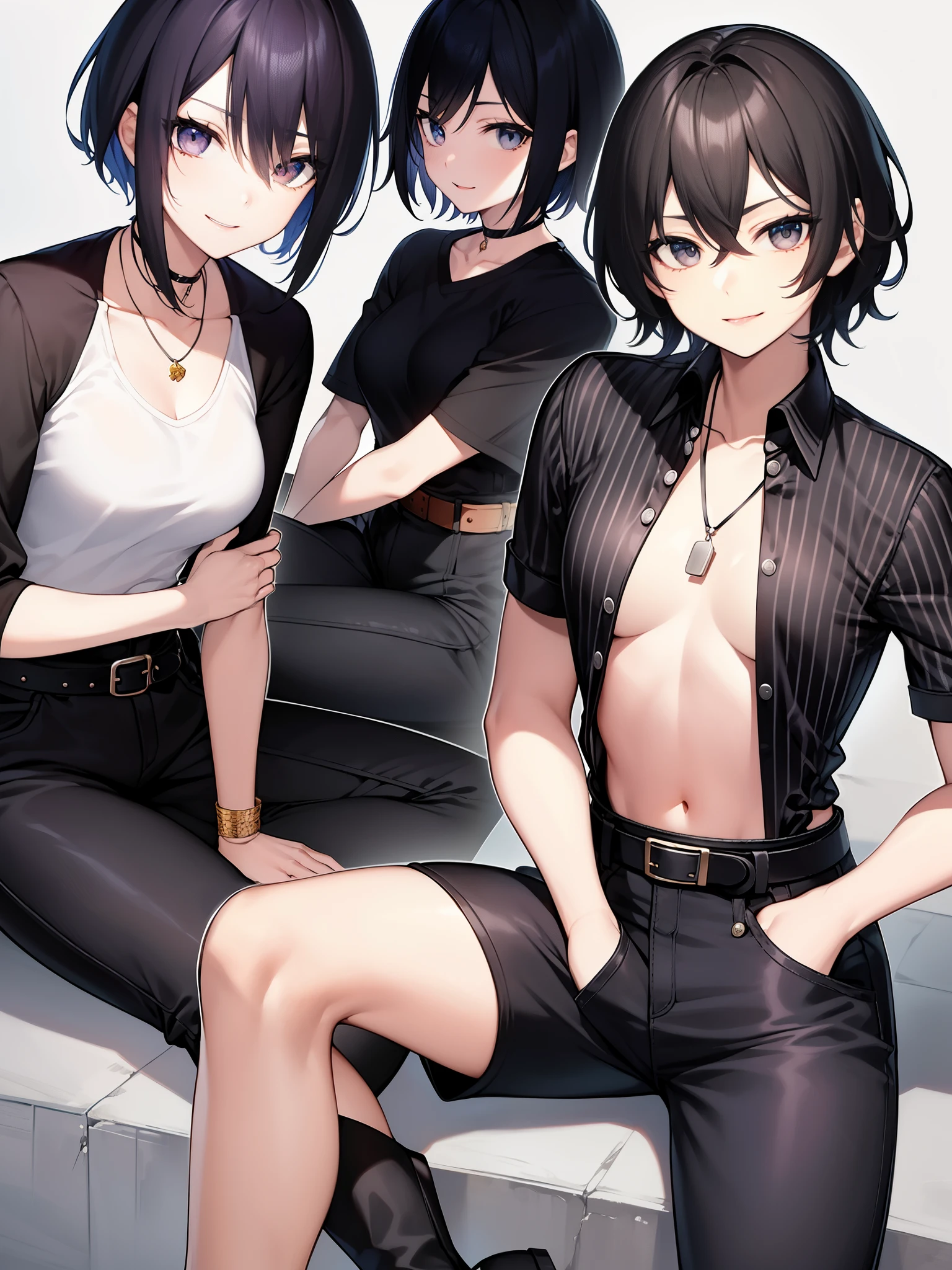 look at viewer、smile、short hair、shirt、black hair、hair between eyes、gem、medium breasts、sitting、clavicle、白shirt、gray hair、boots、parted lips、stripe、belt、pants、artist name、spread your legs、necklace、Black footwear、No bra、makeup、bandage、lipstick、Release the chest、beltのバックル、bandageを巻いた腕、Split color hair、Striped pants、black lips