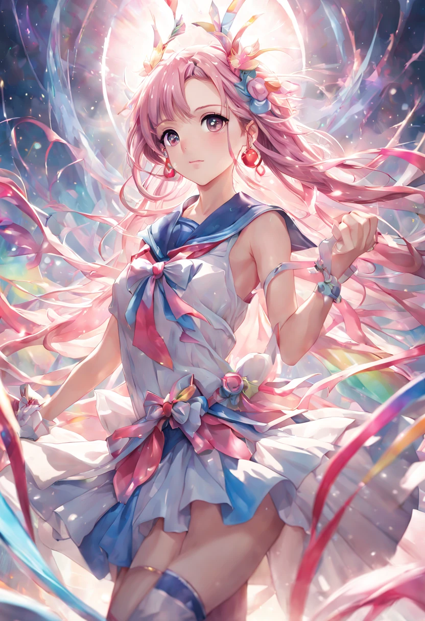 1girl, 📷 Capture the essence of a Magical Girl (Mahou Shoujo), medium: hyper-realistic photography, style: capturing the vibrant energy similar to that of Sailor Moon, lighting: high-key with a focus on bright, clean light to enhance her youthful energy, colors: a spectrum of rainbow hues with a dominance of sailor blue, composition: shot with a Sony Alpha 1, FE 135mm f/1.8 GM lens, resolution 50.1 megapixels, ISO 200, f/2.2 aperture, shutter speed 1/320 second. Position the Magical Girl in an action pose, mid-twirl, her ribbon-like accessories flowing dynamically around her, (masterpiece), (best quality), (ultra-detailed), illustration, disheveled hair, perfect composition, moist skin, intricate details, earrings