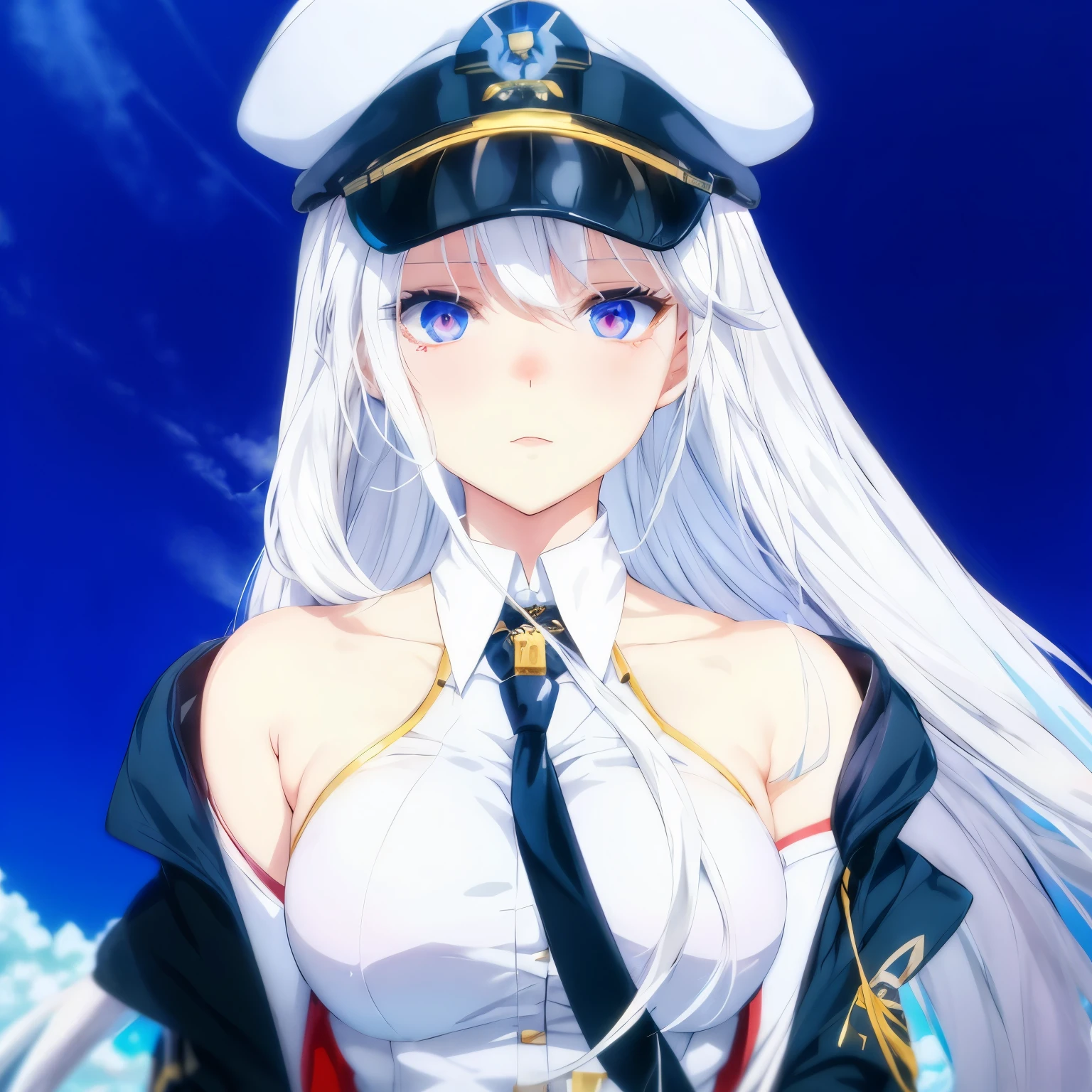 anime girl in hat and tie uniform standing in front of blue sky, azur lane style, from the videogame azur lane, character from azur lane, perfect white haired girl, anime visual of a young woman, big breasts, female anime character, image a-1, white hair , smooth texture, high hair detail, realistic.