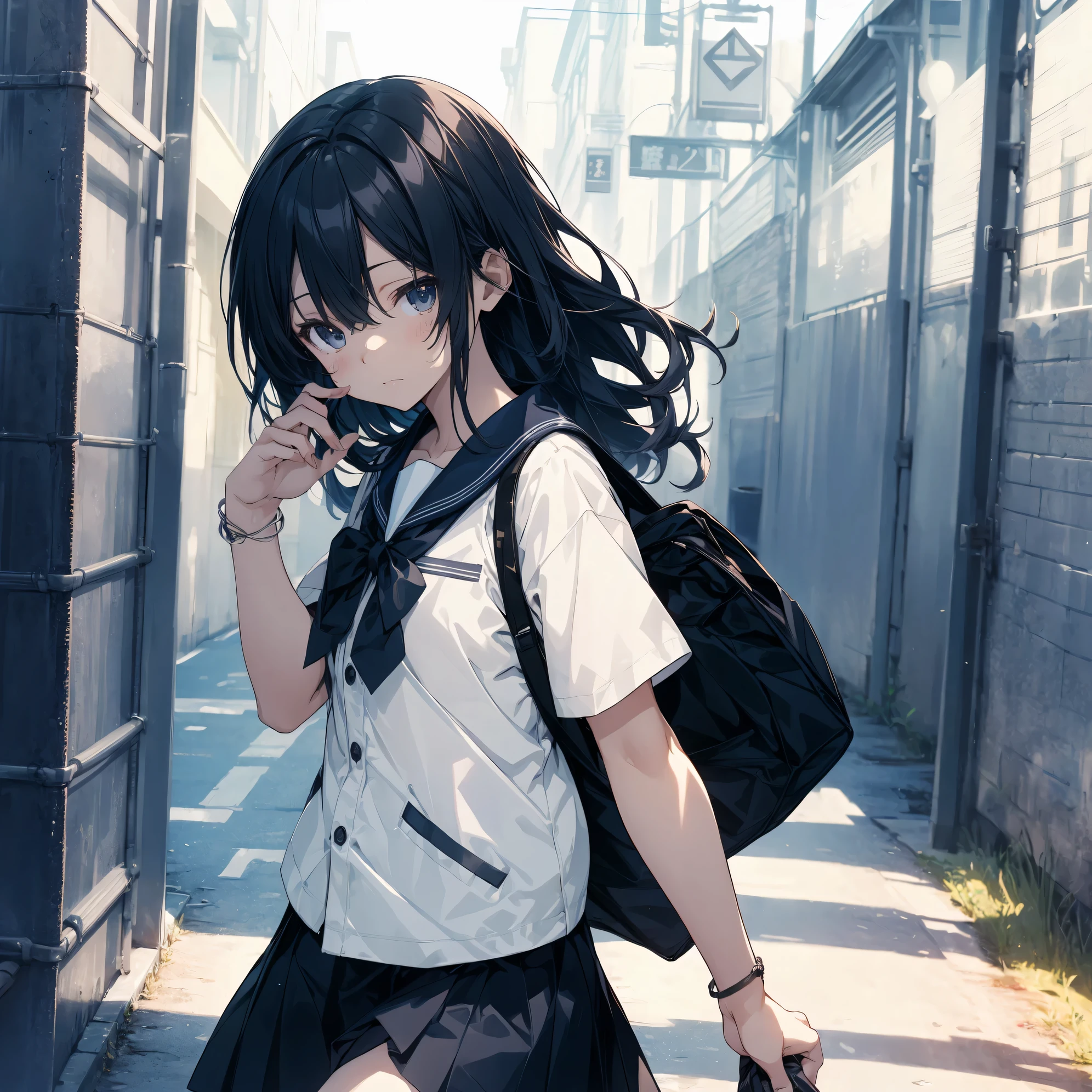 Super high quality by the art god, super detailed, High resolution, AI generated, anime moe art style, best anime 8K konachan wallpaper, pixiv contest winner, perfect anatomy, break,(眠そうにalone学校へ行く女の子を描いてください. ),break, surreal high school girl, (alone,lolita, , :1.3),All limbs, full finger,, androgynous charm, (very short hair), messy hair, flat chest, small ass, between legs, Small black eyes, beautiful and fine eyes, Well-proportioned iris and pupils, disgusted eyes, High resolutionの詳細な髪, wearing school uniform, (skirt), On the way to school. break,super dense skin, Best lighting by famous artists, 8K, figure,UHD, rough skin