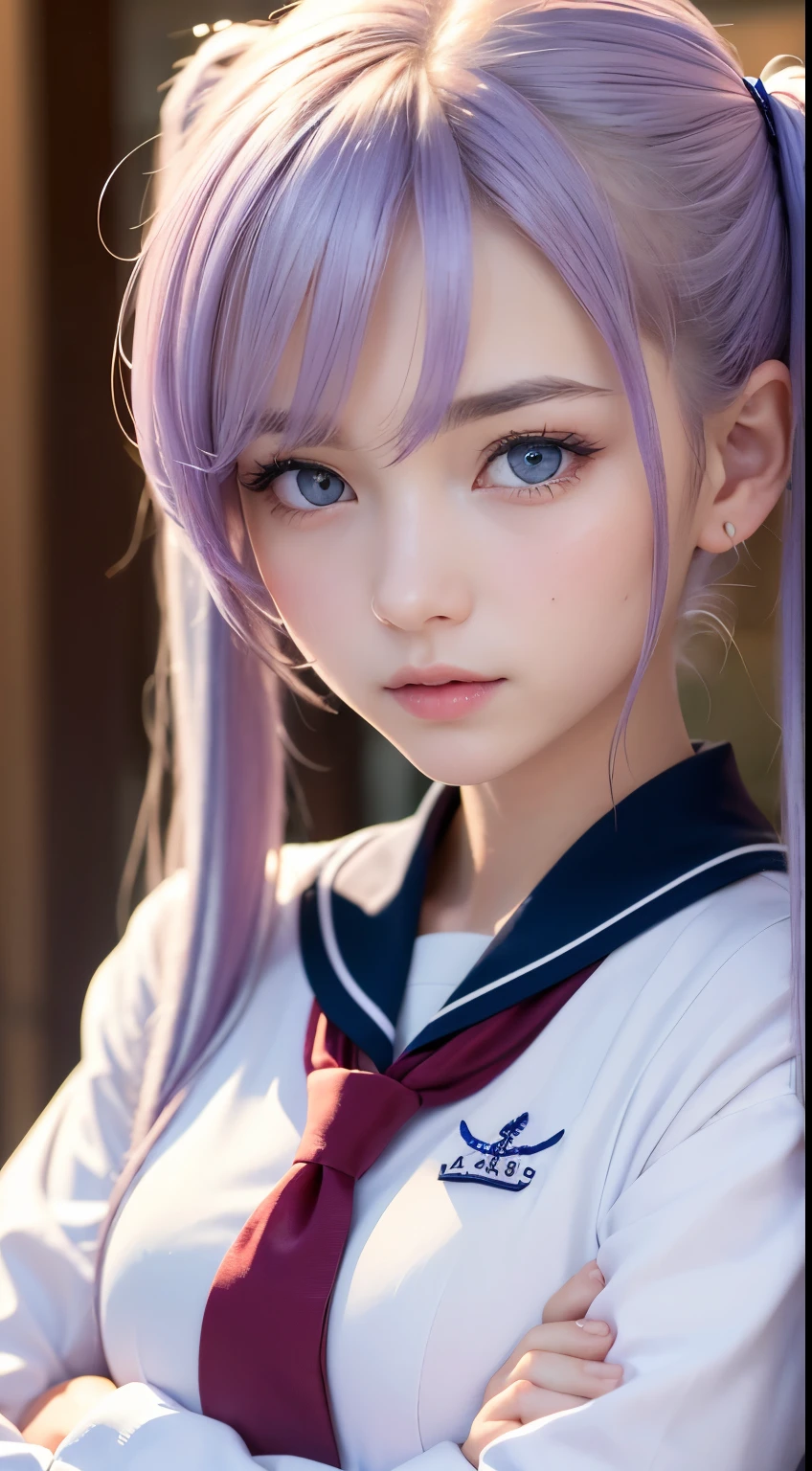 ((best quality, 8k, masterpiece :1.3)), sharp focus :1.2, 1 cute girl, (light purple hair), (long twintails), white sailor suit, red tie, highly detailed face and skin texture, ((detailed eyes)), ((beautiful eyes)), folding arms