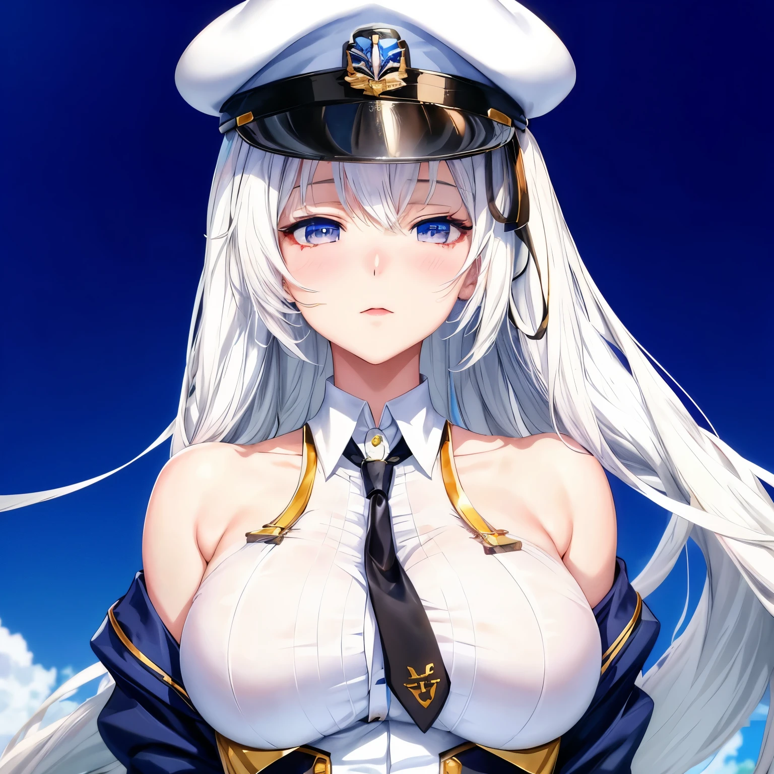 anime girl in hat and tie uniform standing in front of blue sky, azur lane style, from the videogame azur lane, character from azur lane, perfect white haired girl, anime visual of a young woman, big breasts, female anime character, image a-1, white hair , smooth texture, high hair detail, realistic.