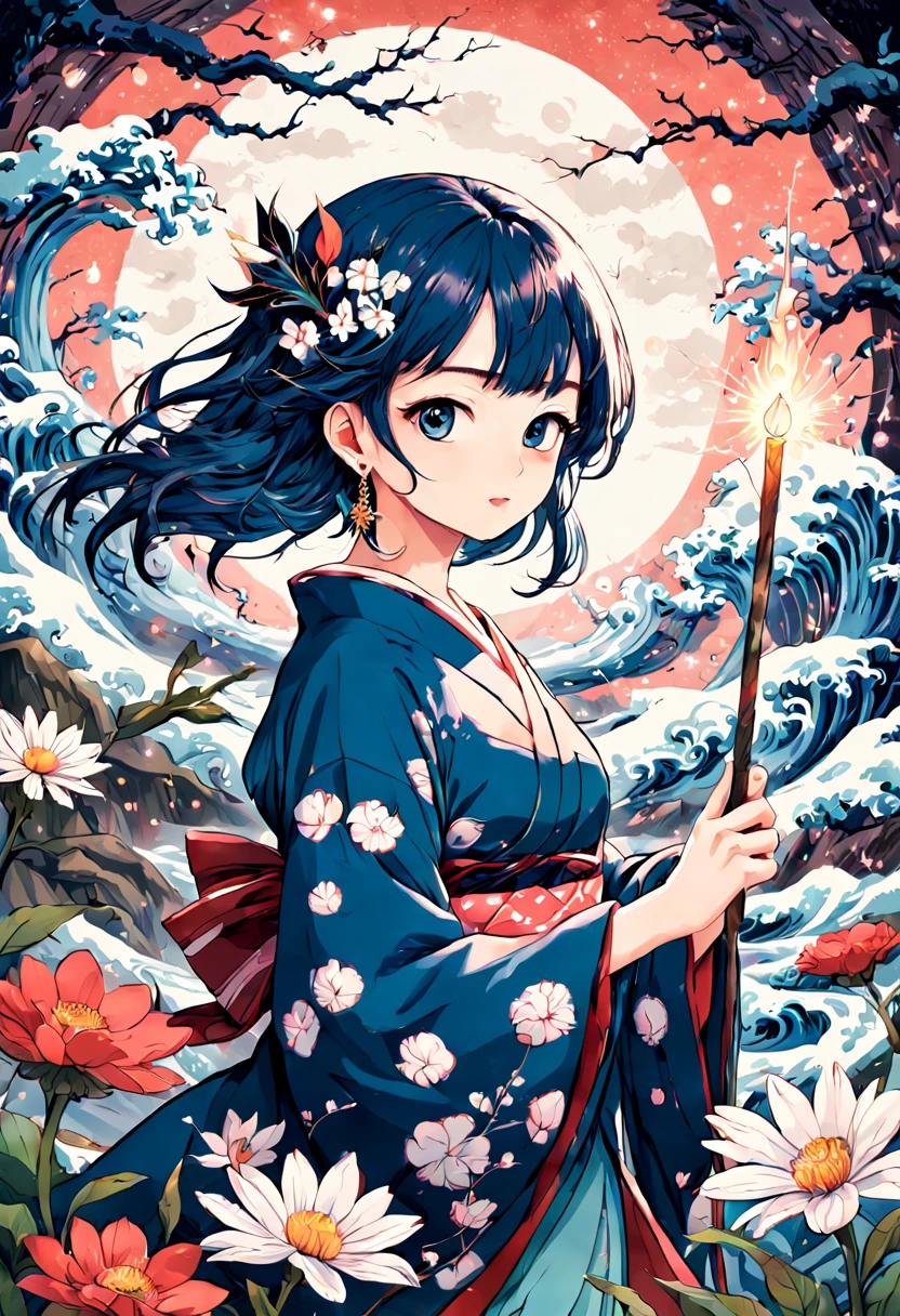 1girl, A young Magical Girl, gracefully casting a spell with her wand, surrounded by enchanting flora and fauna, radiating magical energy. The scene should evoke a sense of wonder and mystery. The style should emulate the intricate brushwork and delicate linework of Katsushika Hokusai, with a focus on capturing the essence of traditional Japanese ukiyo-e art. The medium should be a watercolor painting on canvas, showcasing vibrant colors and fluid brushstrokes. The category is fantasy art, depicting the magical realm. The color palette should consist of pastel hues and ethereal blues, creating a dreamlike atmosphere. The digital graphics should enhance the magical elements, adding subtle glows and sparkles. The resolution should be high, allowing for intricate details to be captured, (masterpiece), (best quality), (ultra-detailed), illustration, disheveled hair, perfect composition, moist skin, intricate details, earrings