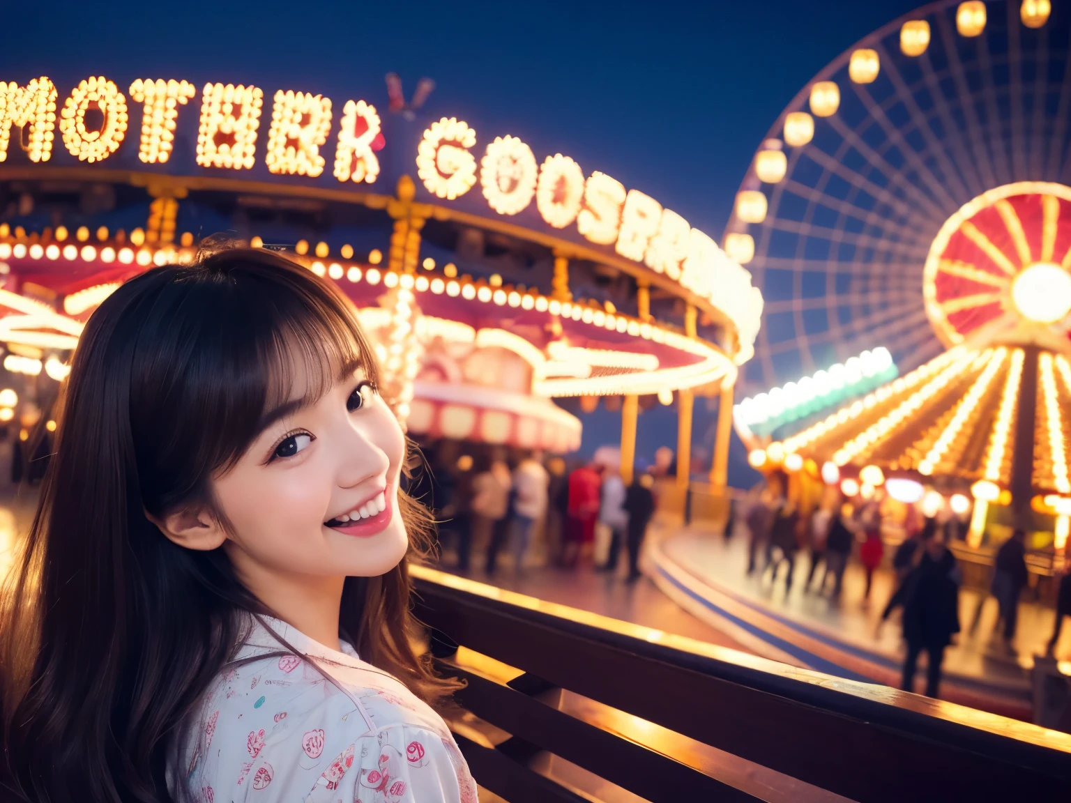 (8K、highest quality、Super high resolution、masterpiece:1.2)、(Photoreal:1.4)、(detailed skin:1.3)、(Bokeh)、1 girl、(Ulzzang-6500:1.0)、(style digit: 0.8)、15 歳のかわいいTen generationsの肖像画、Beautiful Japan girl at 15 years old、Ten generations、(detail eye) 、laughter、(Night amusement park、lit up、illumination)、stas、happiness、Lots of balloons、Ferris wheel、merry-go-round、roller coaster、Elaborate CG 8K wallpapers、dynamic angle、beautiful lighting、professional lighting、(sharp focus)