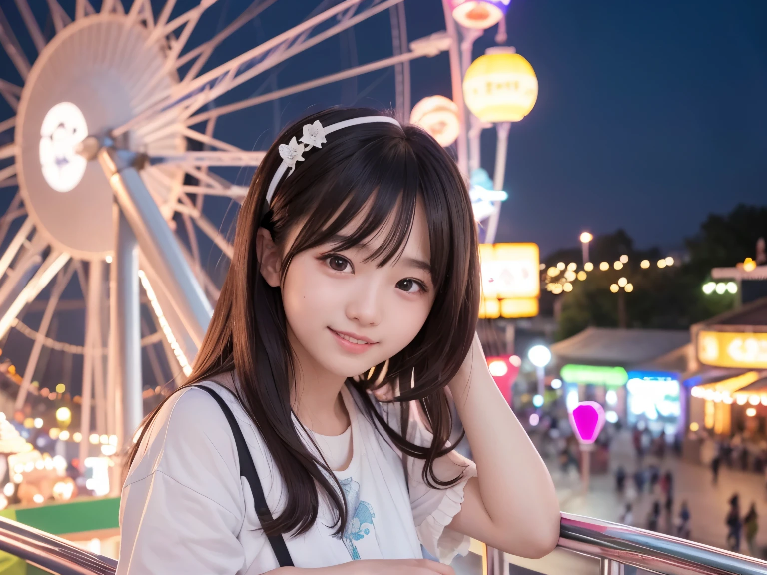 (8K、highest quality、Super high resolution、masterpiece:1.2)、(Photoreal:1.4)、(detailed skin:1.3)、(Bokeh)、1 girl、(Ulzzang-6500:1.0)、(style digit: 0.8)、15 歳のかわいいTen generationsの肖像画、Beautiful Japan girl at 15 years old、Ten generations、(detail eye) 、laughter、(Night amusement park、lit up、illumination)、stas、happiness、Lots of balloons、Ferris wheel、merry-go-round、roller coaster、Elaborate CG 8K wallpapers、dynamic angle、beautiful lighting、professional lighting、(sharp focus)
