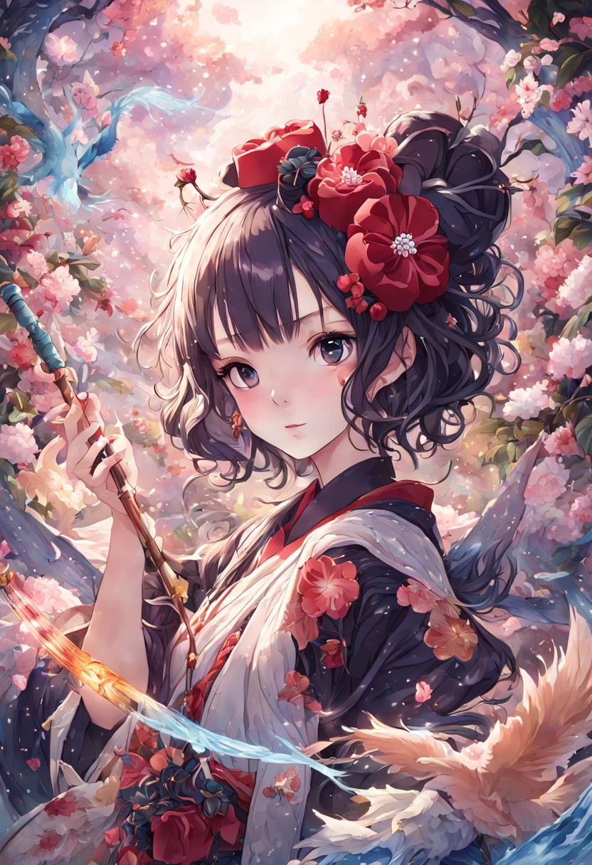 1girl, Digital illustration, Magical Girl in a Surreal Landscape, vibrant anime and fantasy art styles inspired by CLAMP and P.A. Works, the magical girl (hovers above a field of flowers, her flowing dress and long hair illuminated by a soft glow as sparkling petals swirl around her), shot on a high resolution digital camera with a 35mm lens from a three-quarter front view, rendered in crisp detail with atmospheric lighting effects, (masterpiece), (best quality), (ultra-detailed), illustration, disheveled hair, perfect composition, moist skin, intricate details, earrings