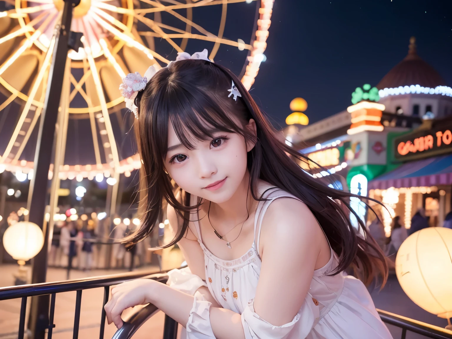 (8K、highest quality、Super high resolution、masterpiece:1.2)、(Photoreal:1.4)、(detailed skin:1.3)、(Bokeh)、1 girl、(Ulzzang-6500:1.0)、(style digit: 0.8)、15 歳のかわいいTen generationsの肖像画、Beautiful Japan girl at 15 years old、Ten generations、(detail eye) 、laughter、(Night amusement park、lit up、illumination)、stas、happiness、Lots of balloons、Ferris wheel、merry-go-round、roller coaster、Elaborate CG 8K wallpapers、dynamic angle、beautiful lighting、professional lighting、(sharp focus)