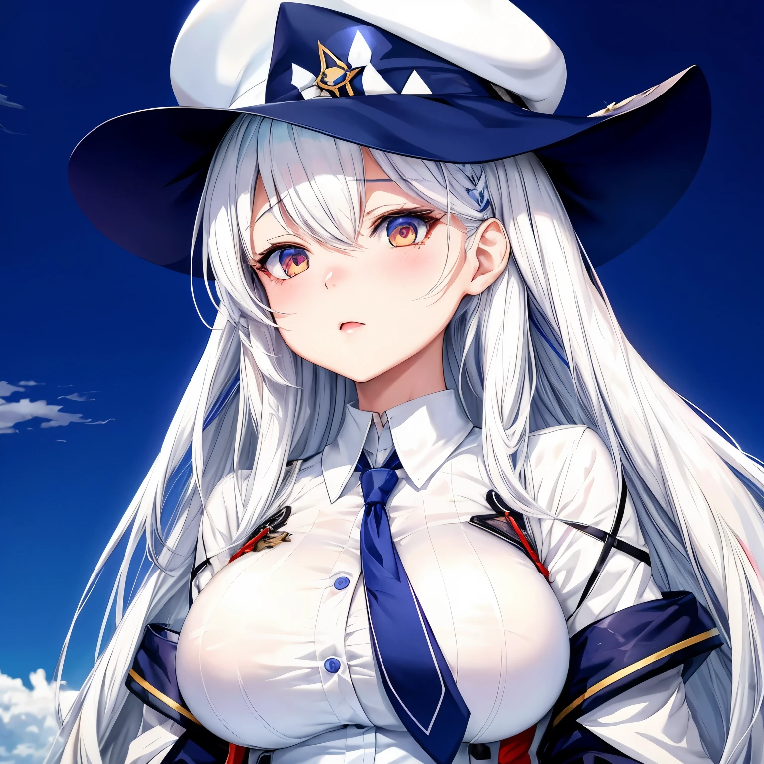 anime girl in hat and tie uniform standing in front of blue sky, azur lane style, from the videogame azur lane, character from azur lane, perfect white haired girl, anime visual of a young woman, big breasts, female anime character, image a-1, white hair , smooth texture, high hair detail, realistic.