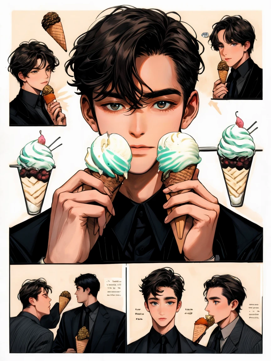 masterpiece, collage a man holding ice cream