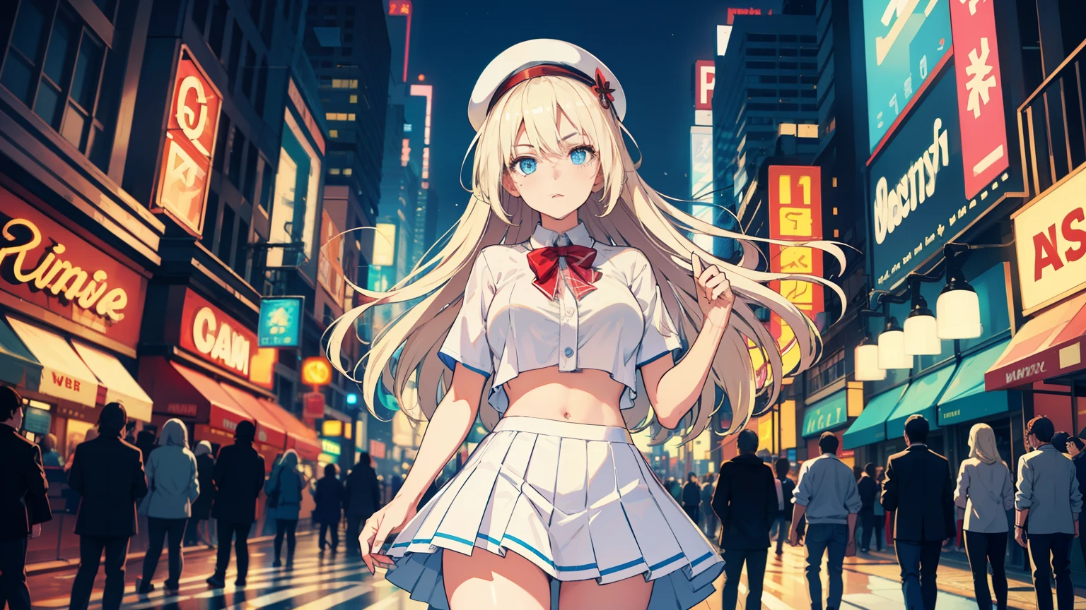 masterpiece, best quality, refined facial features, dynamic pose, nsfw, 1girl, platinum blonde hair, long hair, blue eyes, medium lively breasts, on the street, night, neon signs, white t-shirt, braless, pleated skirt, poker face, front view, standing, in the crowd, face close up