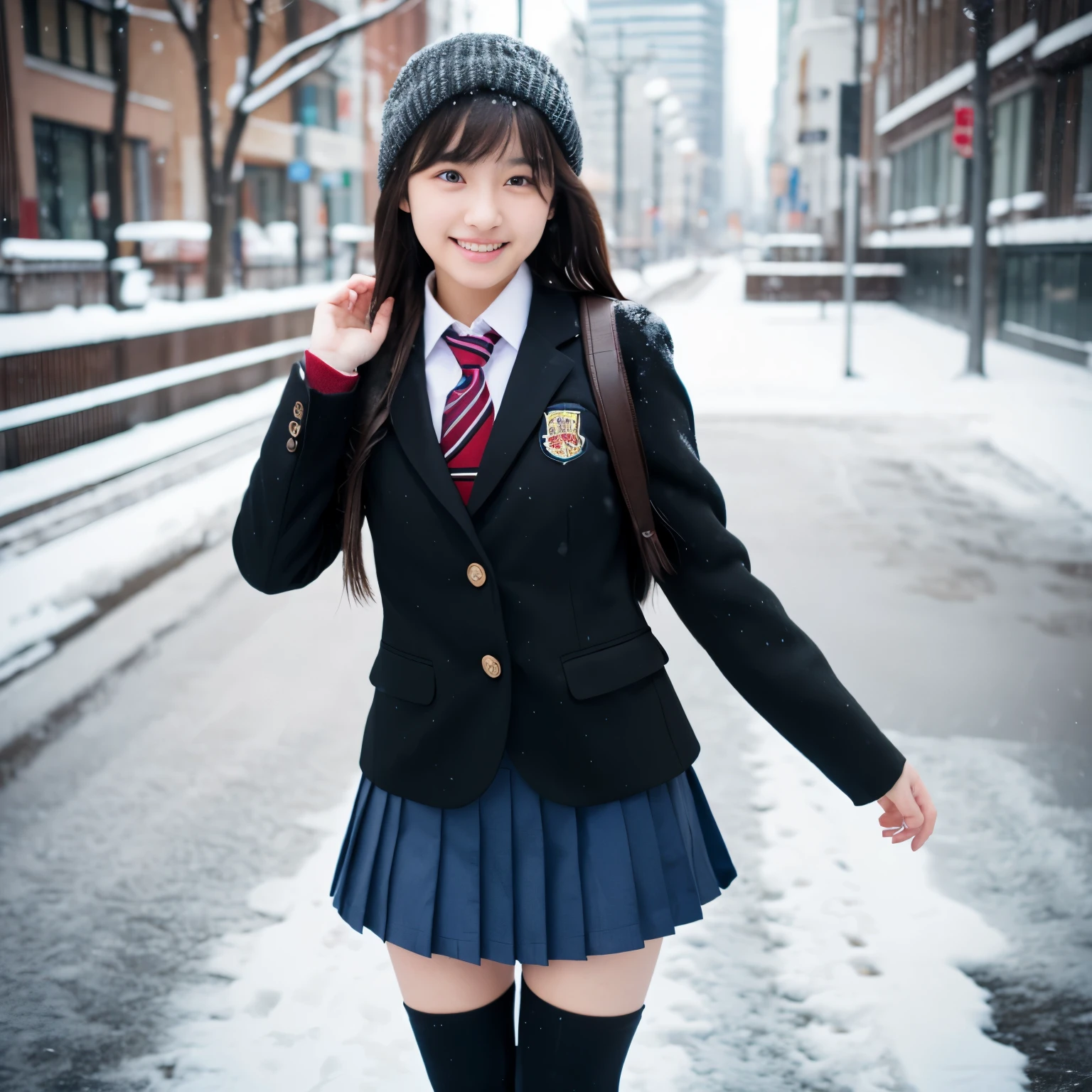 (masterpiece:1.2), super high quality, japanese girl, (super realistic), (super photographic style), 1girl, ((full body)), straight hair, (18 years old), stylish body, (large tits), (cute face), (((school uniform))), (((thighs))), standing on a city street, round eyes, (((black fullcoverd-tights))), view from back, smiling, (((a snow day))), she is standing with her back to me,