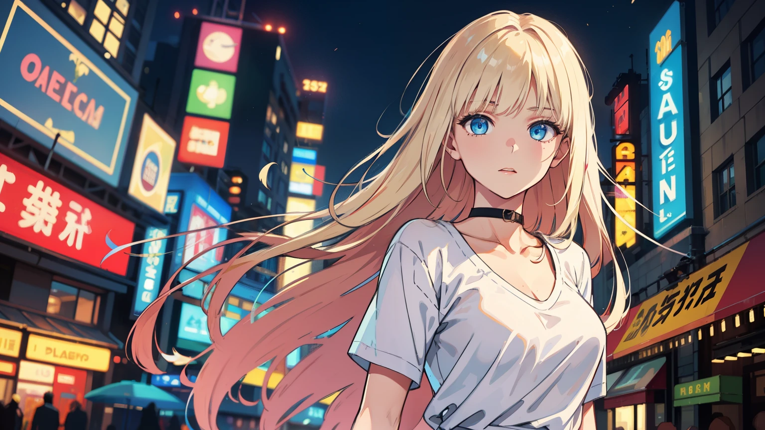 masterpiece, best quality, refined facial features, dynamic pose, nsfw, 1girl, platinum blonde hair, long hair, blue eyes, medium lively breasts, on the street, night, neon signs, white t-shirt, braless, pleated skirt, poker face, front view, standing, in the crowd, face close up