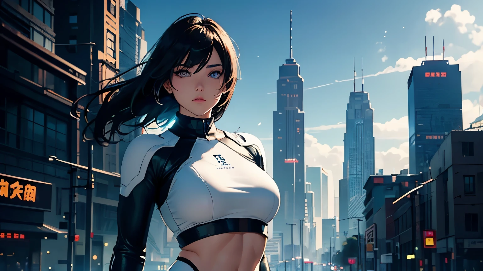 4K, A high resolution, Best quality at best, tmasterpiece, perfect colors, perfect shadow, perfect litthing, ((sportrait)), fit-muscled body, bright green eyes,dark blue hair , blue eyes, With round lenses, The audience watched carefully, (s face: 1.2), Perfect female figure,,standing, ((Tight crop top leather suit)), ((shy and looking at viewert)), (Perfect thick white eyebrows) Delicate fur, 详细s face, s the perfect face, At a cyberpunk city , (model pose standing), energetic background, perfect city skyscape , lighting atmosphere, ((Bonifasko lighting)), (The round lenses on his eyes)(詳細な目), Perfect student
