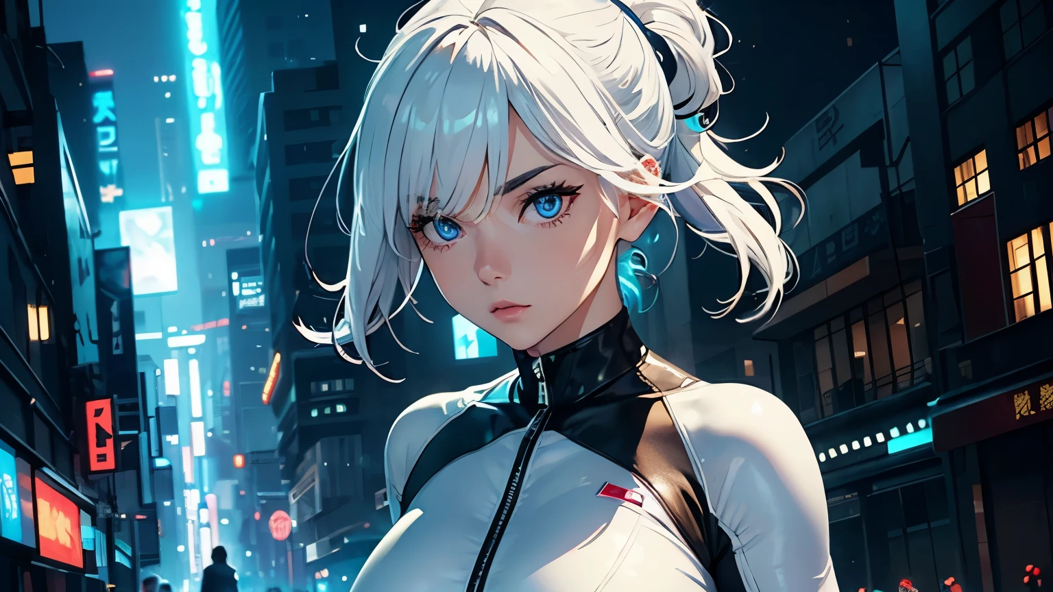 4K, A high resolution, Best quality at best, masterpiece, perfect colors, perfect shadow, perfect litthing, ((sportrait)), 1woman, fit-muscled body, bright yellow eyes, dark blue hair , blue eyes, With round lenses, detail in eyes, The audience watched carefully, (s face: 1.2), Perfect female figure, ((standing)),  ((neon white Tight crop top leather suit)), ((shy and looking at viewert)), (Perfect thick white eyebrows) Delicate fur, 详细s face, s the perfect face, At a  fantasy industrial city , (model pose standing), energetic background, perfect  city skyscape,  lighting atmosphere, ((Bonifasko lighting)), (The round lenses on his eyes)(詳細な目), Perfect student, face close up