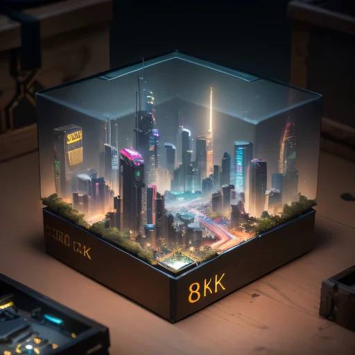 small realistic model, (8k, original photo, best quality, masterpiece:1.4),Steampunk Cyberpunk 2099 City,(Cyberpunk light:1.3),on the table,horizon (related to land),(in a small nature box:1.3),Isometric, small nature, landscape on foundation,landscape,