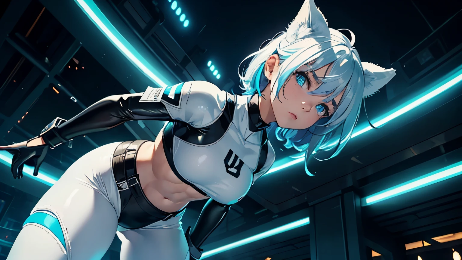 4K, A high resolution, Best quality at best, masterpiece, perfect colors, perfect shadow, perfect litthing, ((sportrait)), 1woman, fit-muscled body, bright yellow eyes, dark blue hair , blue eyes, With round lenses, detail in eyes, The audience watched carefully, (s face: 1.2), Perfect female figure, ((standing)), ((neon white Tight crop top leather suit)), ((shy and looking at viewert)), (Perfect thick white eyebrows) Delicate fur, 详细s face, s the perfect face, At a fantasy industrial city , (model pose standing), energetic background, perfect city skyscape, lighting atmosphere, ((Bonifasko lighting)), (The round lenses on his eyes)(詳細な目), Perfect student, face close up