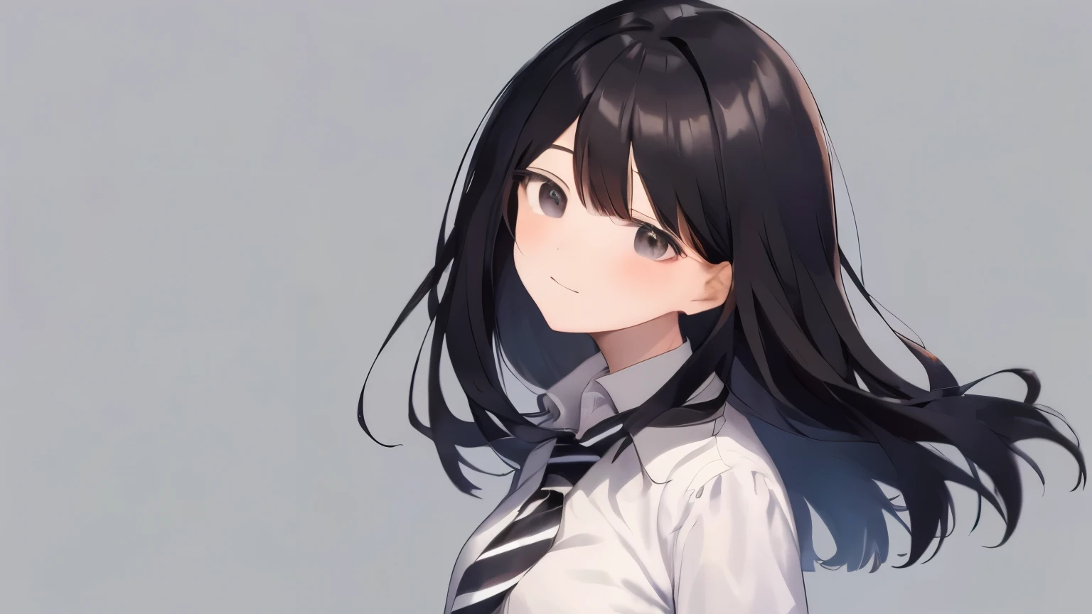 a slightly fat woman,Medium long black hair,bangs,A white dress shirt with a black and white striped tie,small breasts,black eyes,school background,Calm and gentle eyes,Drooping eyes,calm face.Upper body,slightly turned to the side