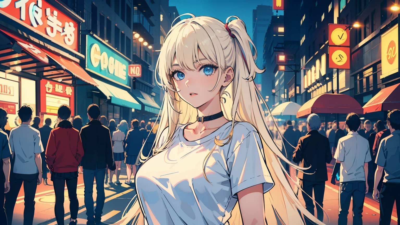 masterpiece, best quality, refined facial features, dynamic pose, nsfw, 1girl, platinum blonde hair, long hair, blue eyes, medium lively breasts, on the street, night, neon signs, white t-shirt, braless, pleated skirt, poker face, front view, standing, in the crowd, face close up