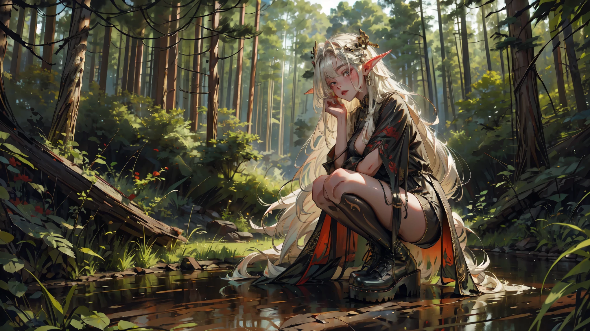 elf girl,full body ,long hair,white hair, chinese ornaments,lewd big , oily skin, sexy ,long hair, short dress, black boots, very big , lewd sexy pose, vivid colors, vibrant colors outside forest mointains in background
